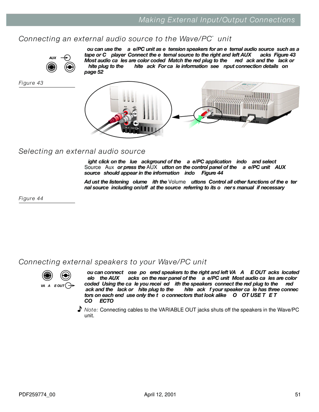 Bose PDF259774_00 manual Making External Input/Output Connections, Connecting an external audio source to the Wave/PC unit 