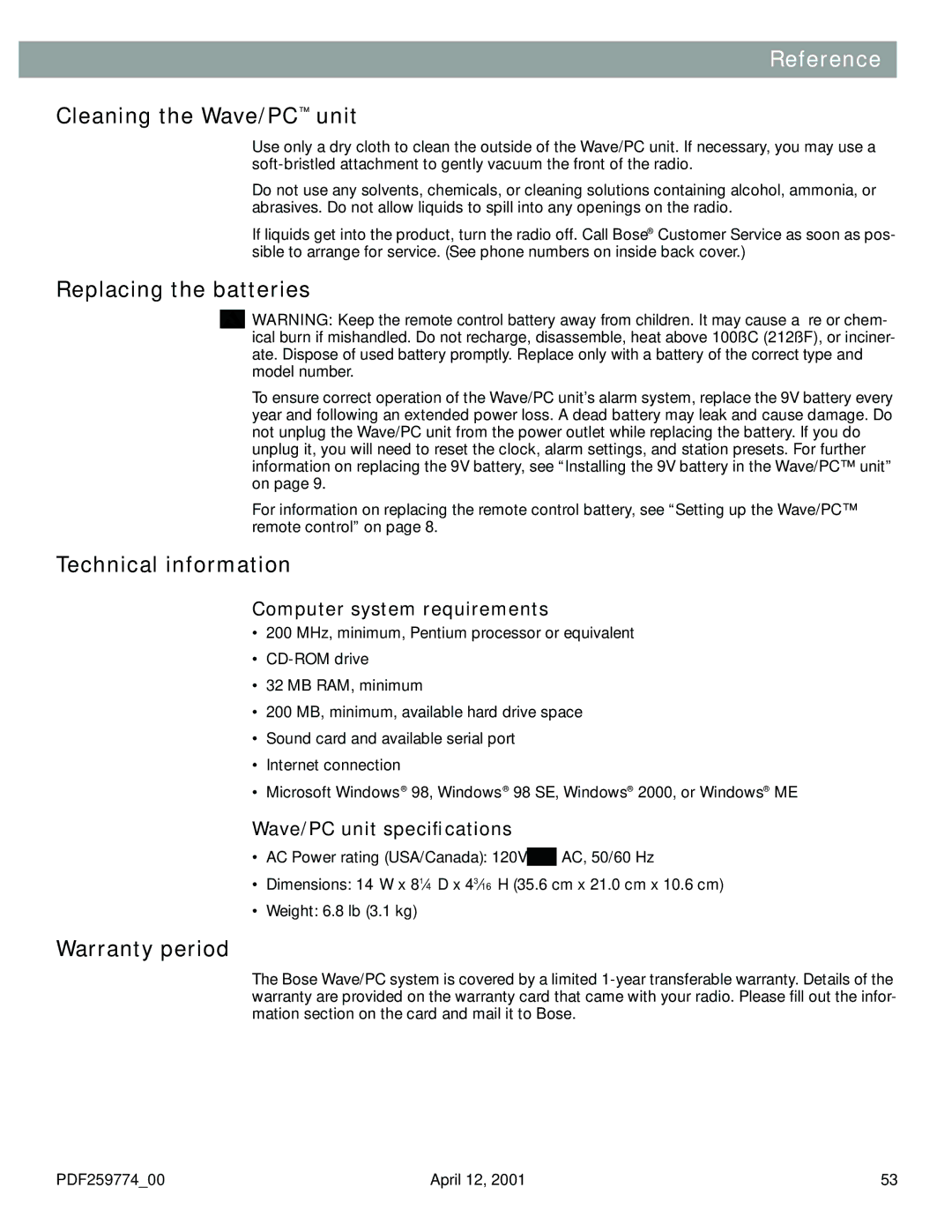 Bose PDF259774_00 Reference, Cleaning the Wave/PC unit, Replacing the batteries, Technical information, Warranty period 