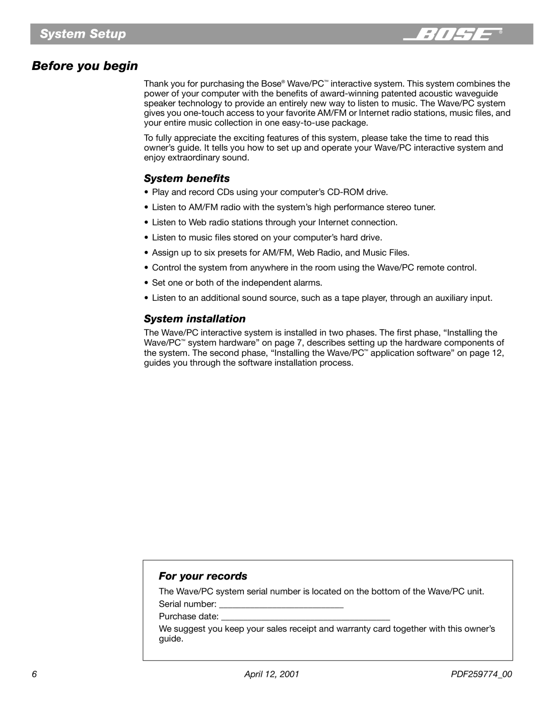 Bose PDF259774_00 manual System Setup, Before you begin, System beneﬁts, System installation, For your records 