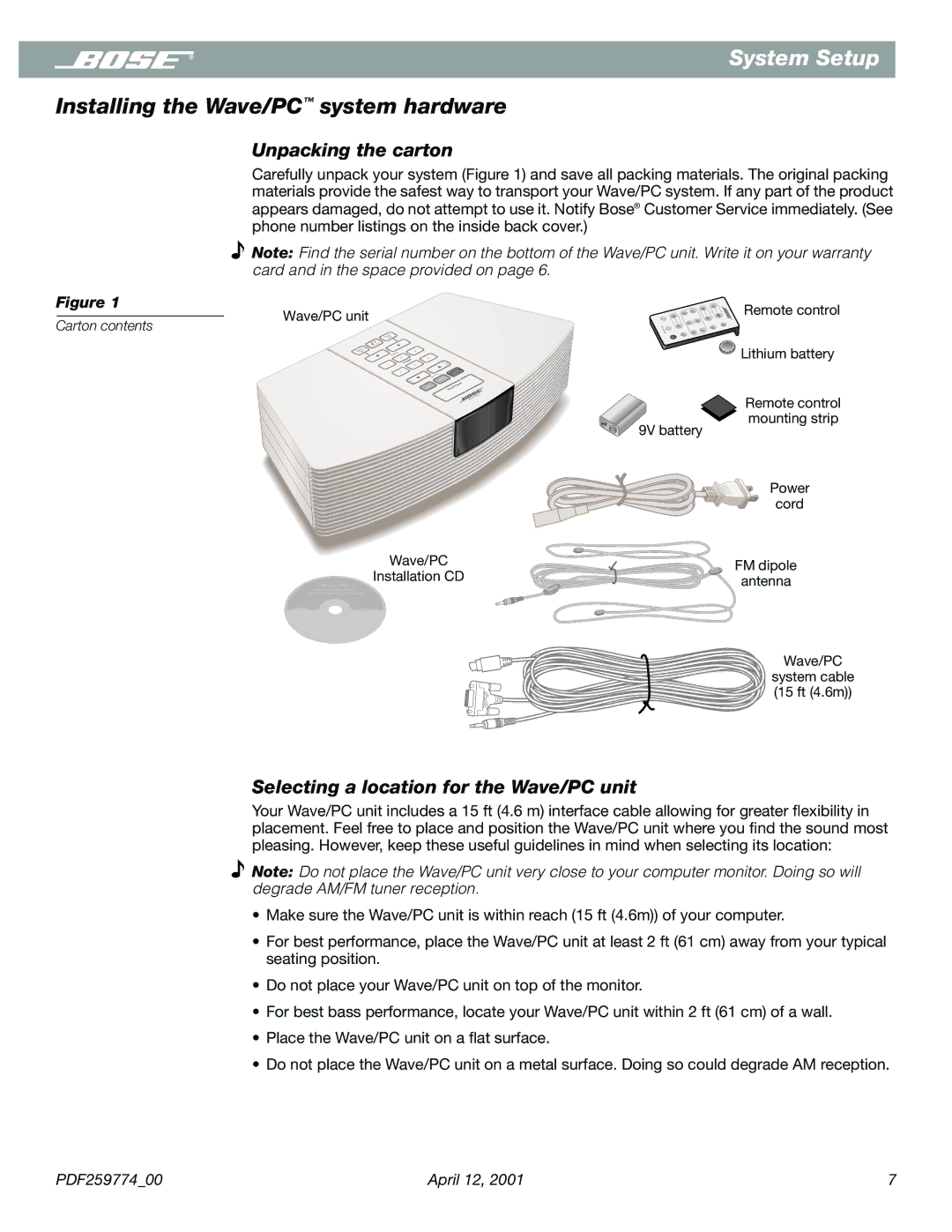 Bose PDF259774_00 Installing the Wave/PC system hardware, Unpacking the carton, Selecting a location for the Wave/PC unit 