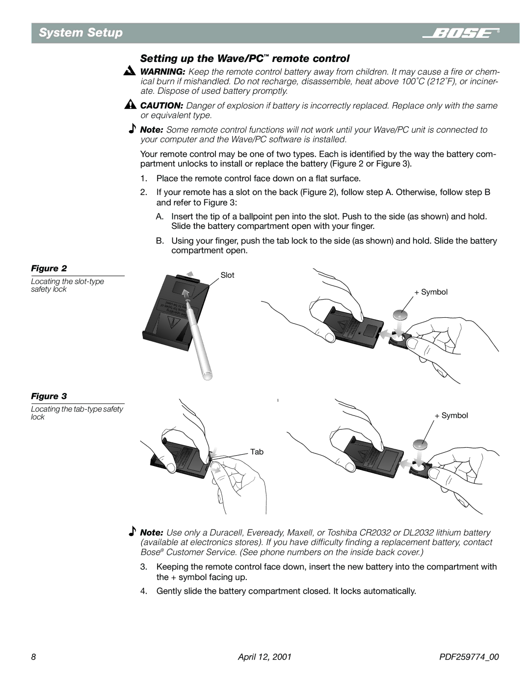 Bose PDF259774_00 manual Setting up the Wave/PC remote control, Locating the slot-type safety lock 