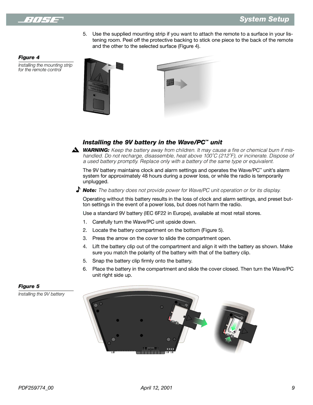 Bose PDF259774_00 Installing the 9V battery in the Wave/PC unit, Installing the mounting strip for the remote control 