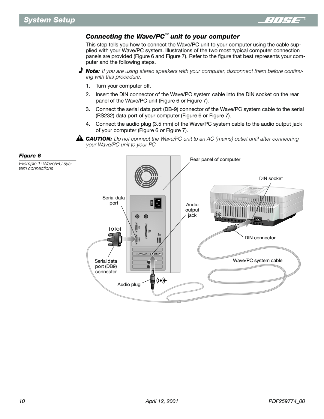 Bose PDF259774_00 manual Connecting the Wave/PC unit to your computer, System Setup 