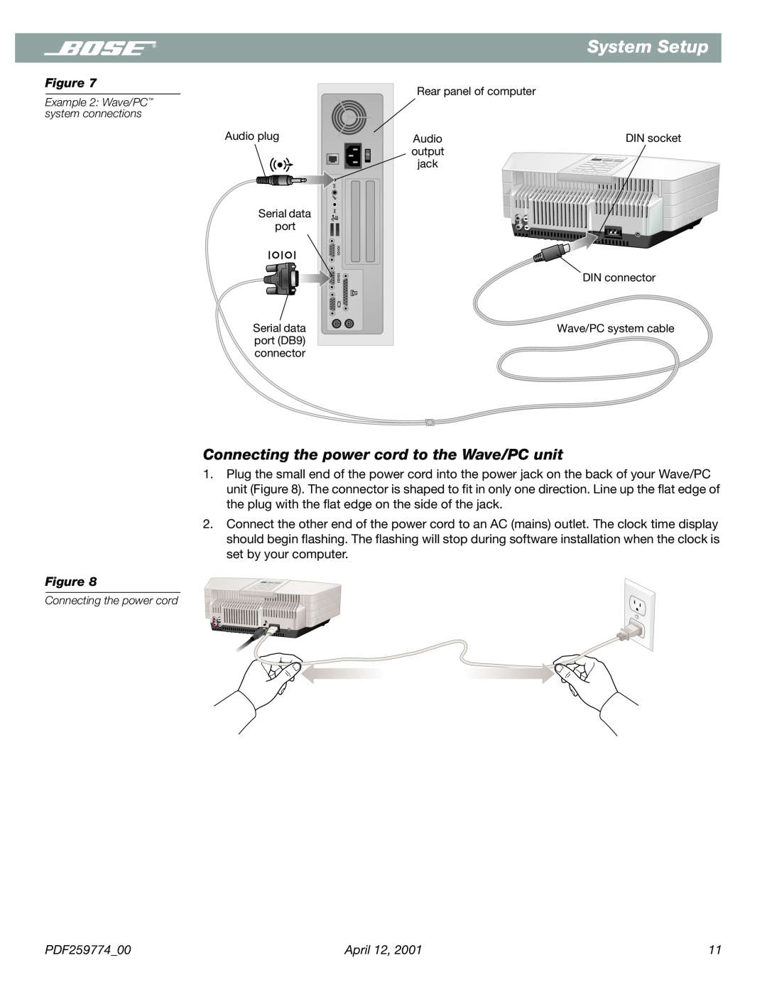 Bose PDF259774_00 manual Connecting the power cord to the Wave/PC unit, System Setup 