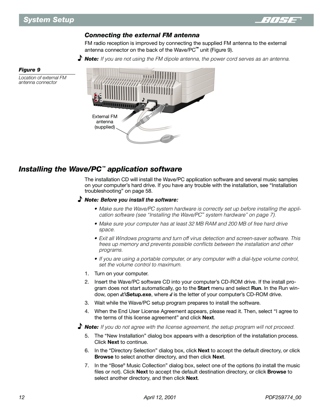 Bose PDF259774_00 manual Installing the Wave/PC application software, Connecting the external FM antenna, System Setup 