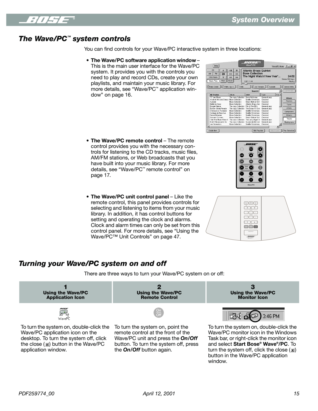 Bose PDF259774_00 manual System Overview, The Wave/PC system controls, Turning your Wave/PC system on and off 