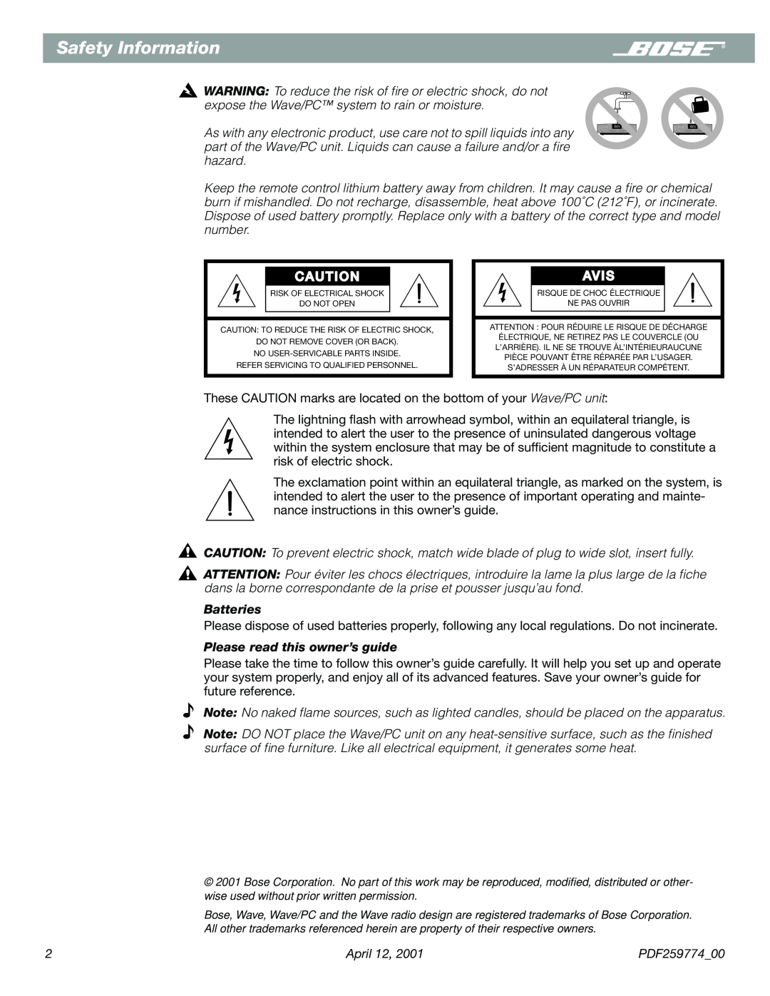 Bose PDF259774_00 manual Safety Information, Batteries, Please read this owner’s guide 