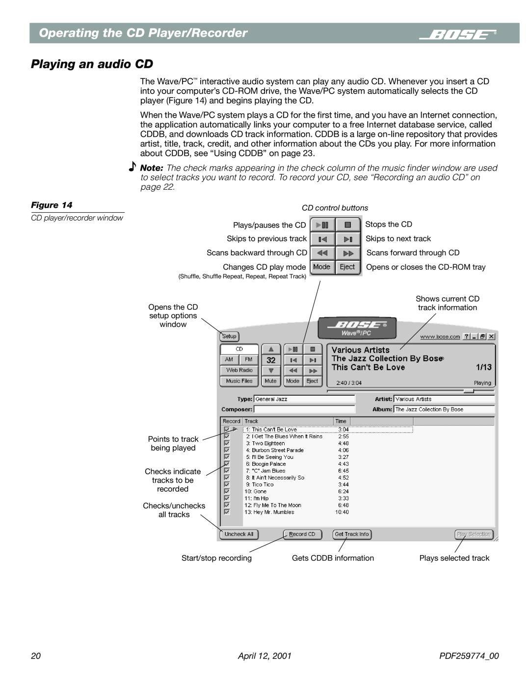 Bose PDF259774_00 manual Operating the CD Player/Recorder, Playing an audio CD 