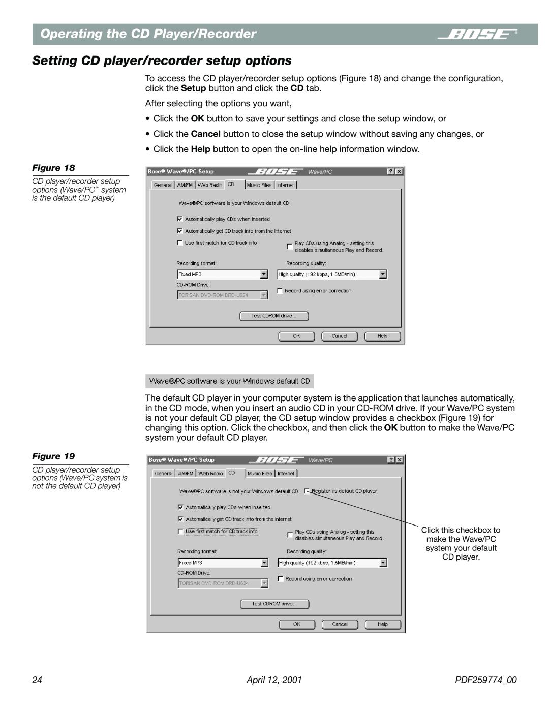 Bose PDF259774_00 manual Setting CD player/recorder setup options, Operating the CD Player/Recorder 
