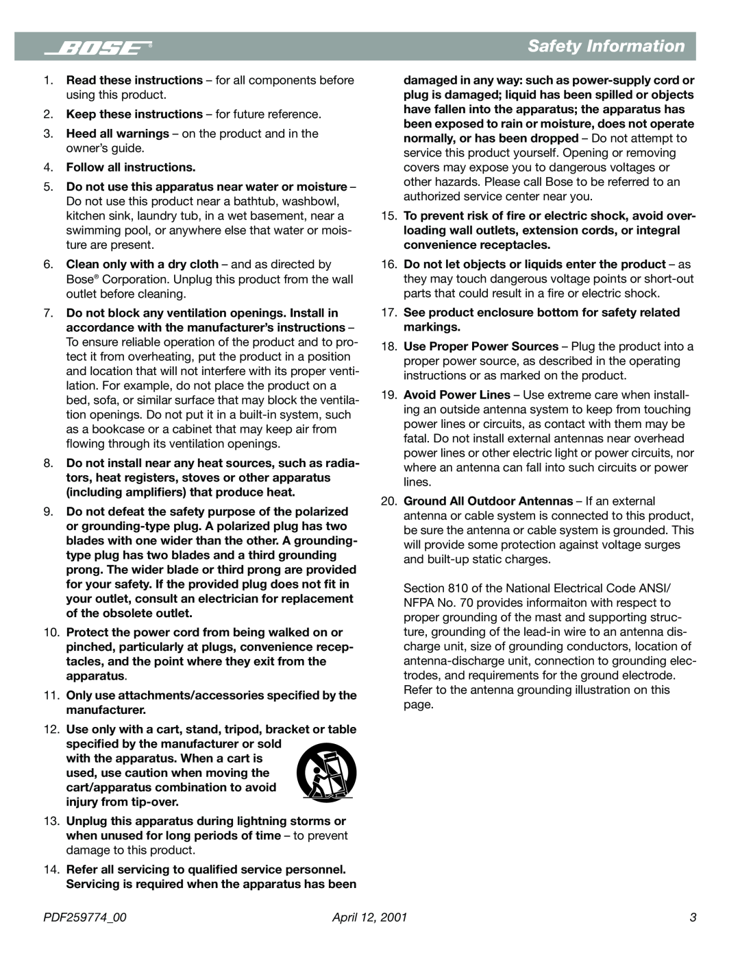 Bose PDF259774_00 manual Safety Information, Keep these instructions - for future reference 