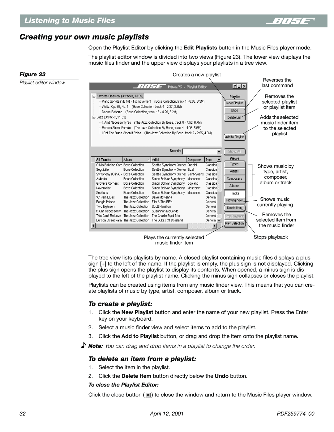 Bose PDF259774_00 manual Creating your own music playlists, To create a playlist, To delete an item from a playlist 