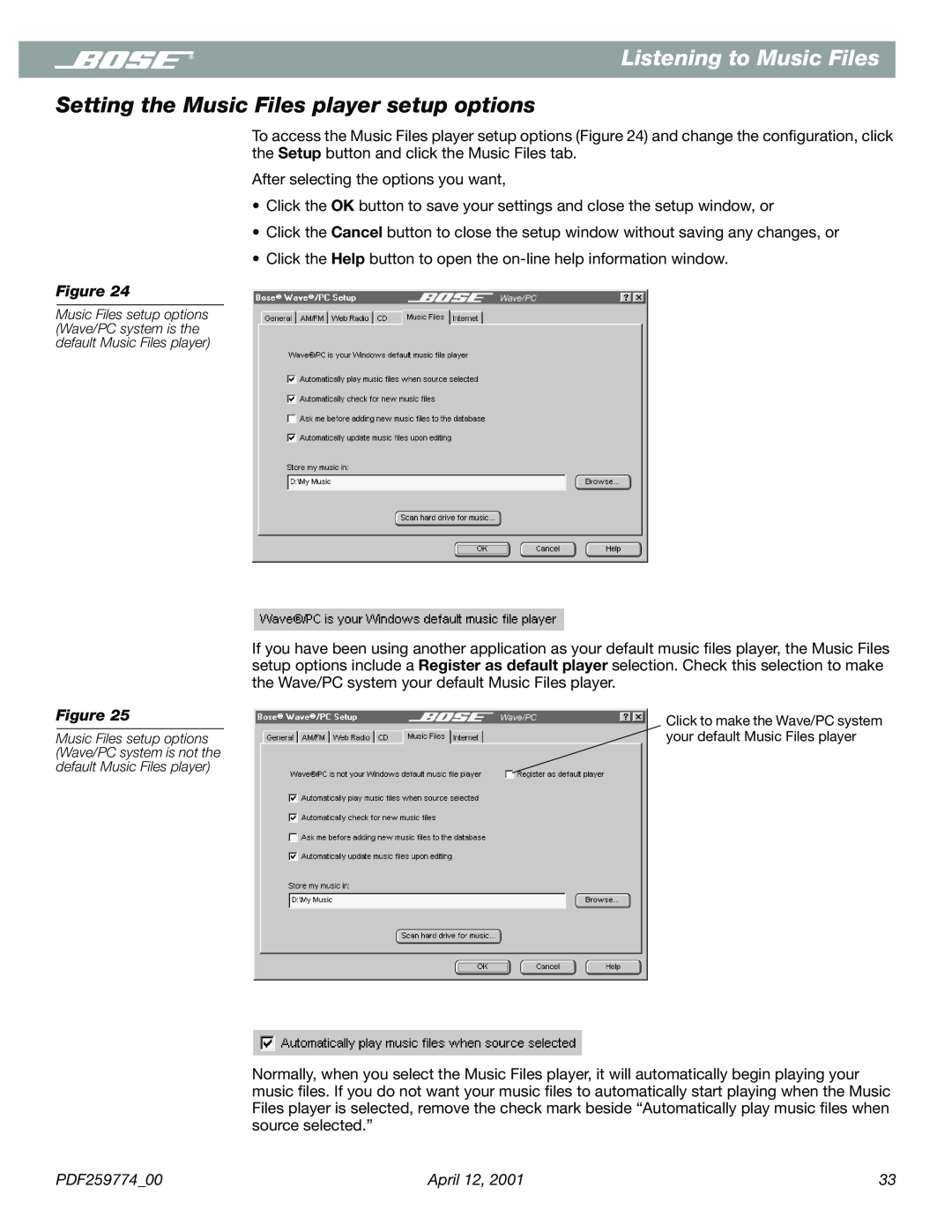 Bose PDF259774_00 manual Setting the Music Files player setup options, Listening to Music Files 