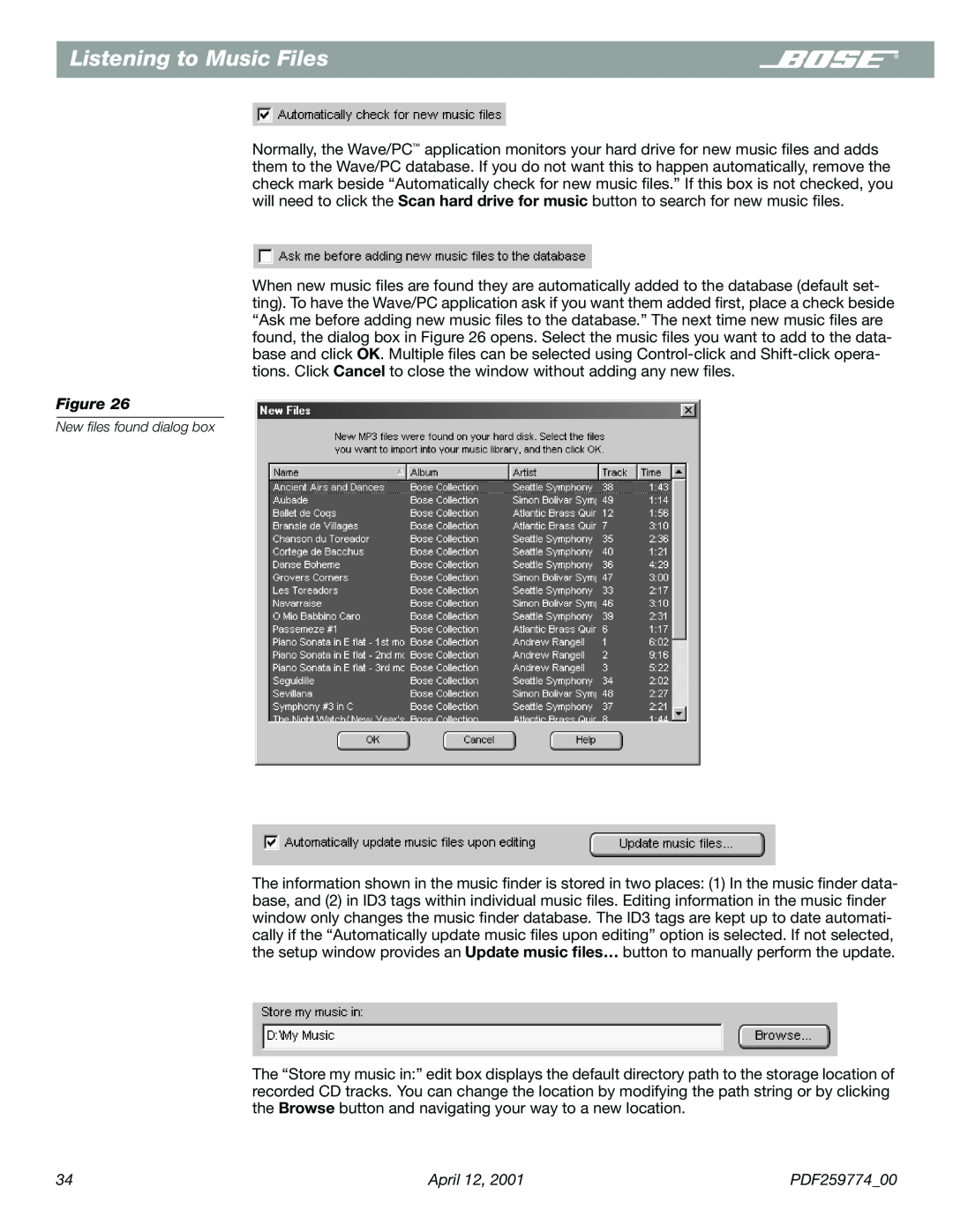 Bose PDF259774_00 manual Listening to Music Files, New ﬁles found dialog box 