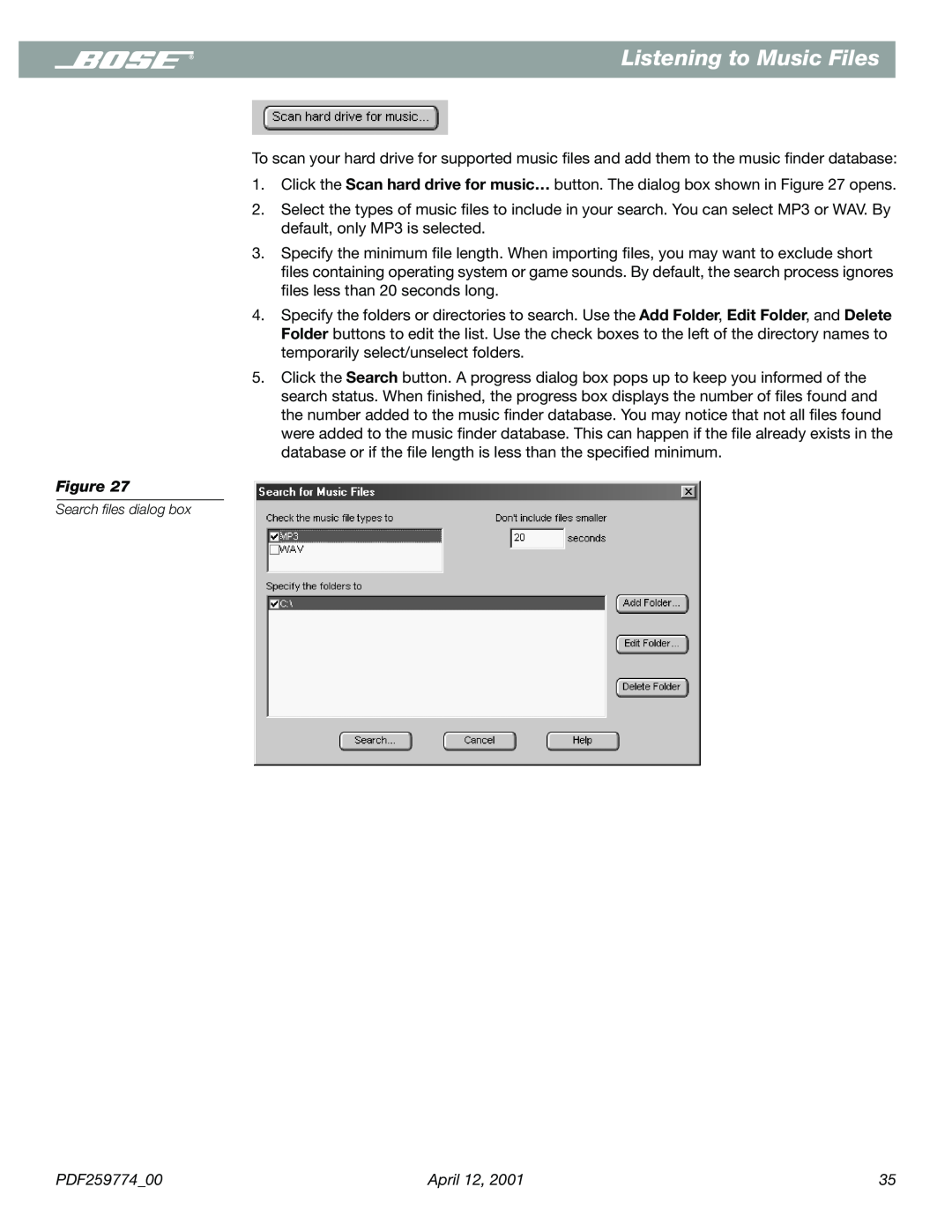 Bose PDF259774_00 manual Listening to Music Files, Search ﬁles dialog box 