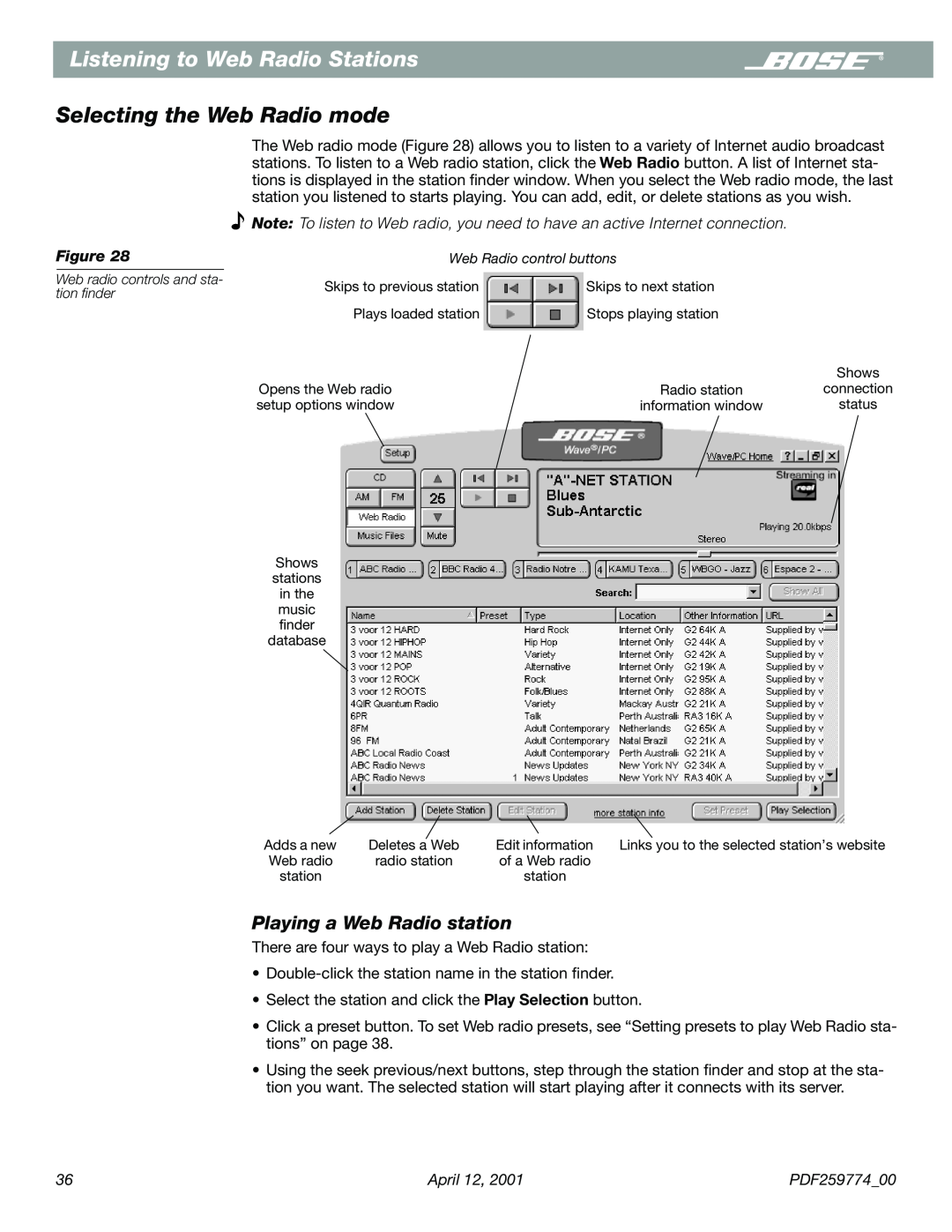 Bose PDF259774_00 manual Listening to Web Radio Stations, Selecting the Web Radio mode, Playing a Web Radio station 