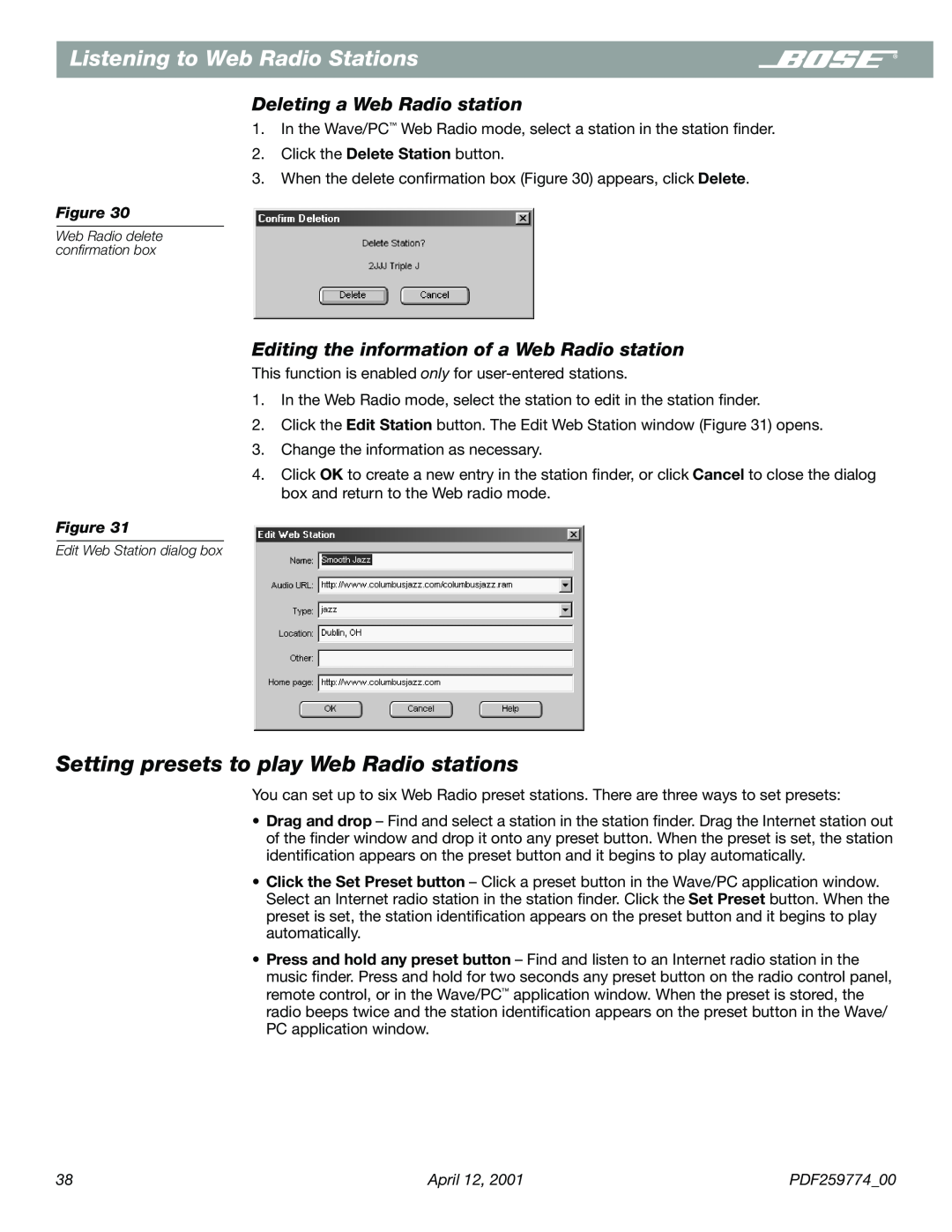 Bose PDF259774_00 manual Setting presets to play Web Radio stations, Deleting a Web Radio station 