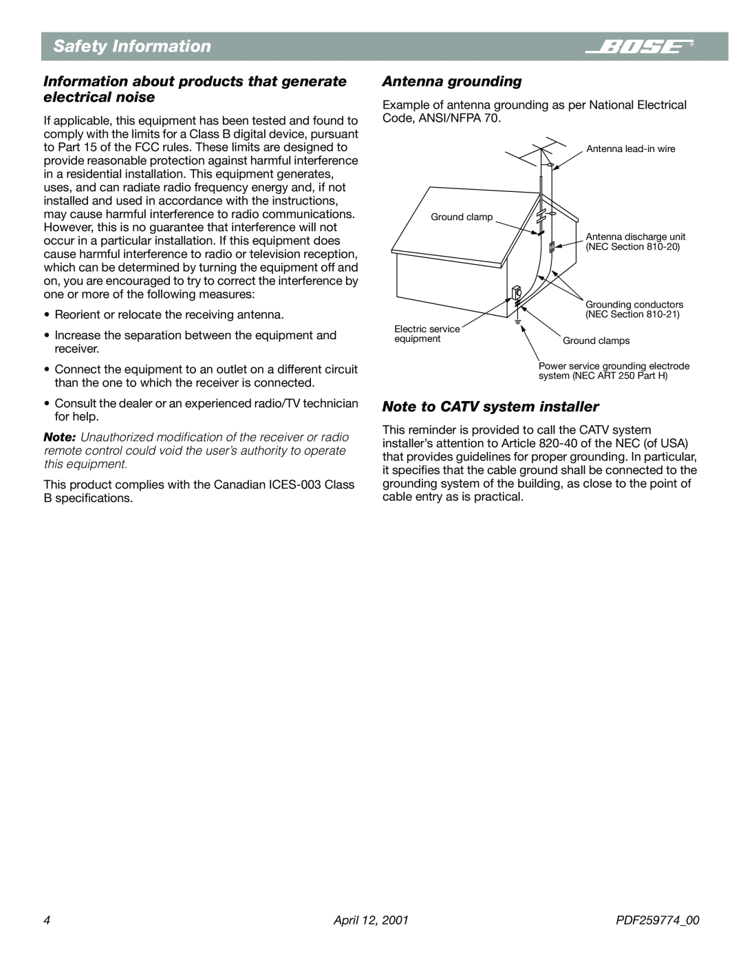 Bose PDF259774_00 manual Information about products that generate electrical noise, Antenna grounding, Safety Information 