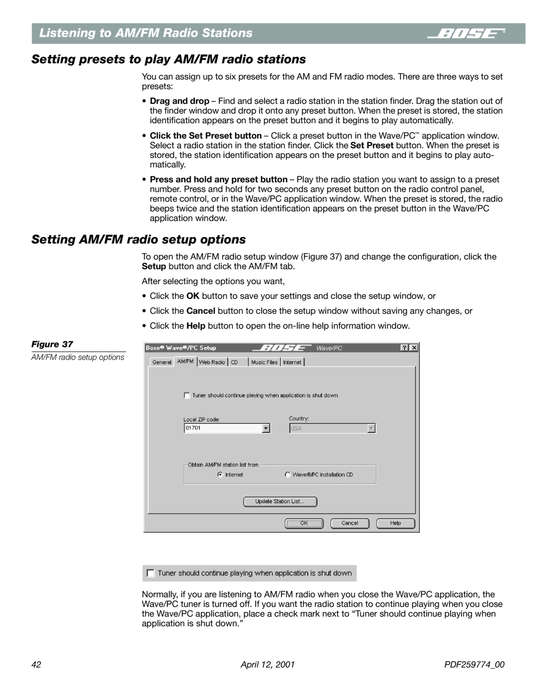 Bose PDF259774_00 manual Setting presets to play AM/FM radio stations, Setting AM/FM radio setup options 