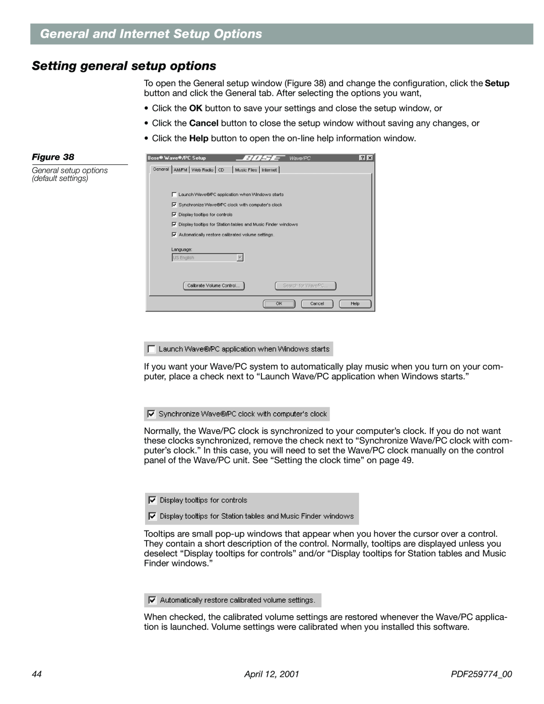 Bose PDF259774_00 manual General and Internet Setup Options, Setting general setup options 