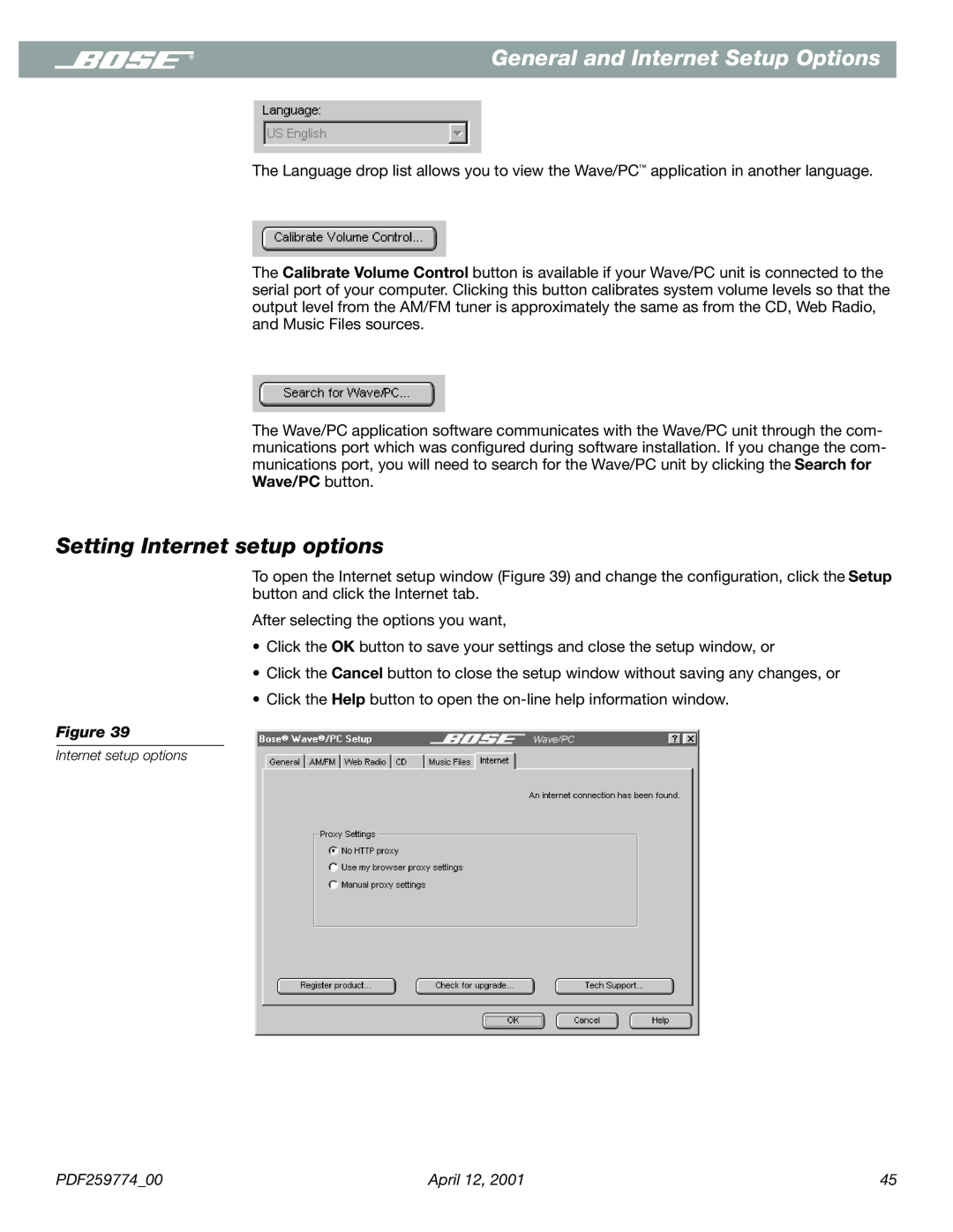 Bose PDF259774_00 manual Setting Internet setup options, General and Internet Setup Options 