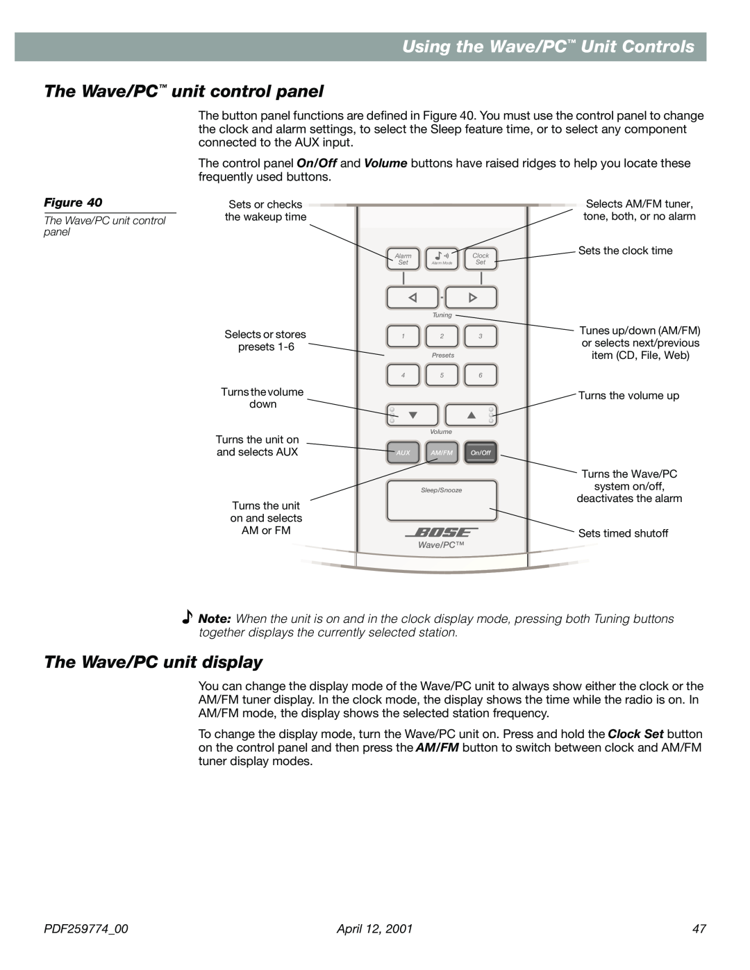 Bose PDF259774_00 manual Using the Wave/PC Unit Controls, The Wave/PC unit control panel, The Wave/PC unit display 