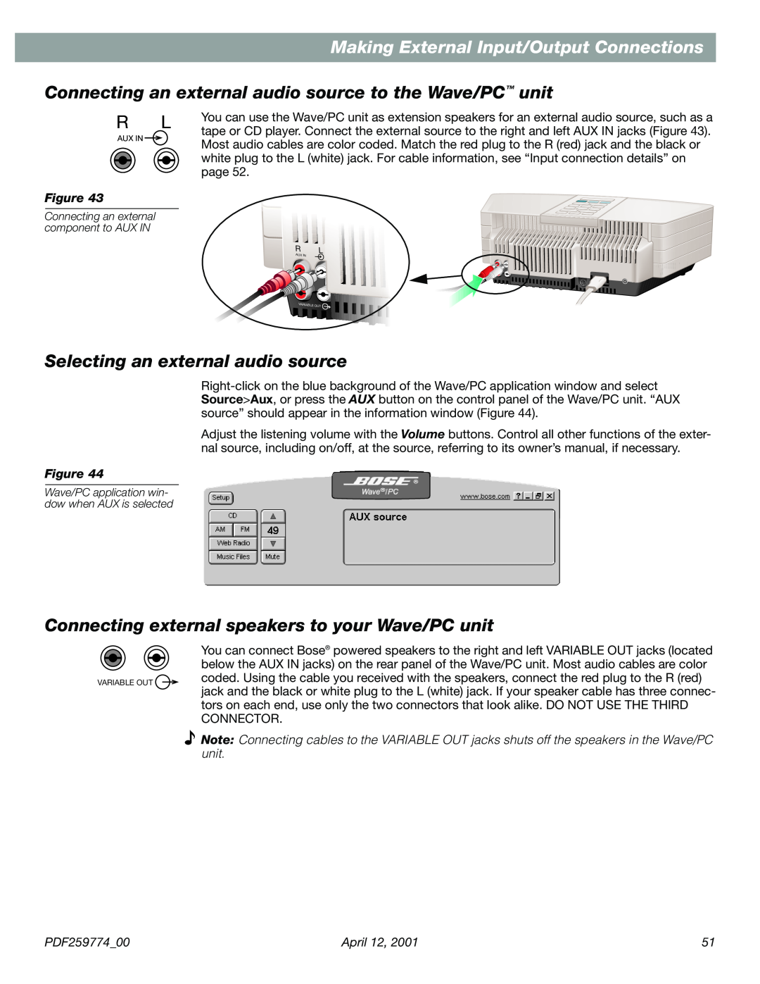 Bose PDF259774_00 manual Making External Input/Output Connections, Connecting an external audio source to the Wave/PC unit 