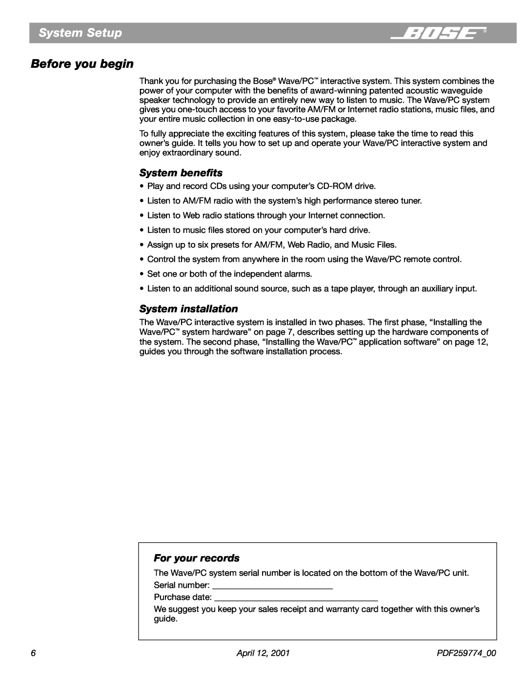 Bose PDF259774_00 manual System Setup, Before you begin, System beneﬁts, System installation, For your records 
