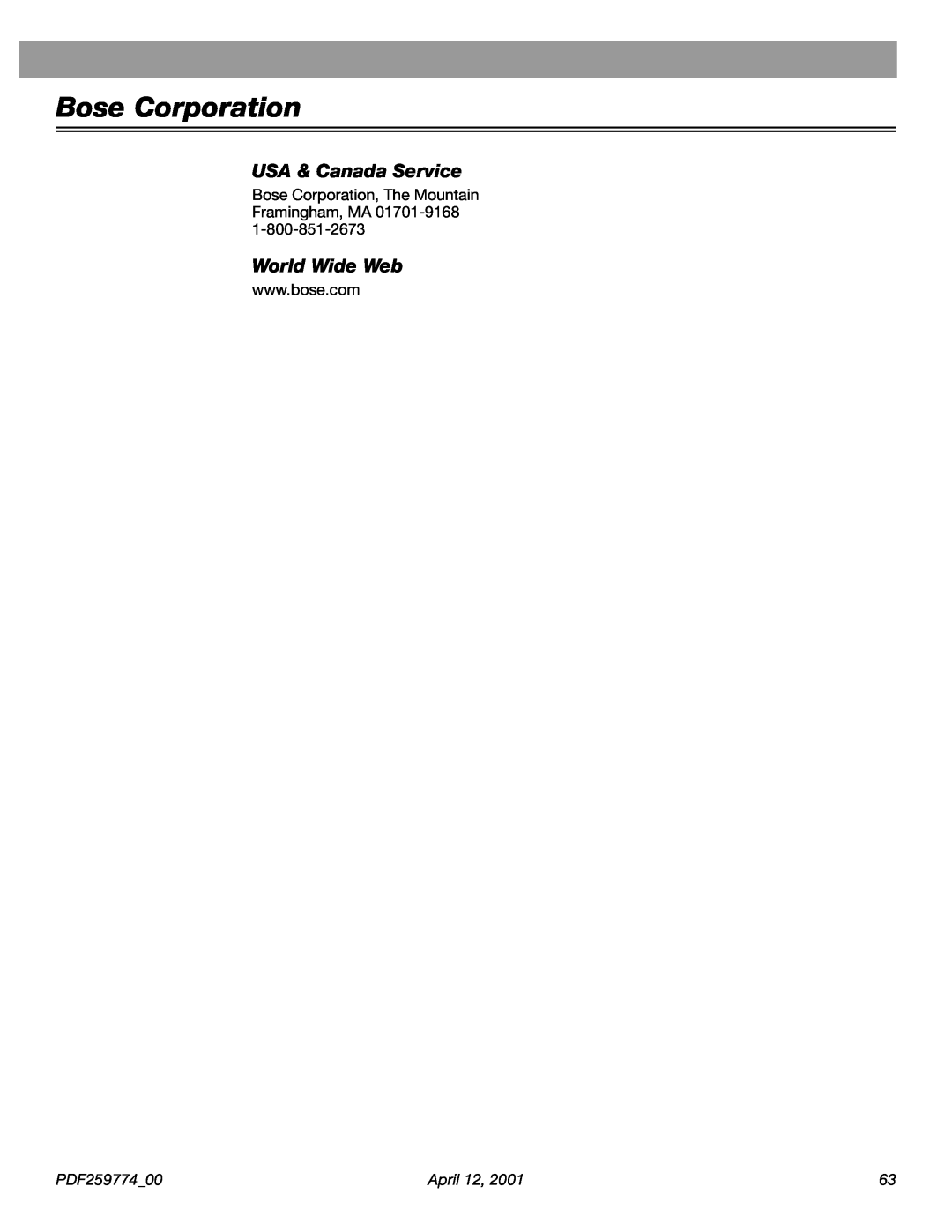 Bose PDF259774_00 manual USA & Canada Service, World Wide Web, Bose Corporation 