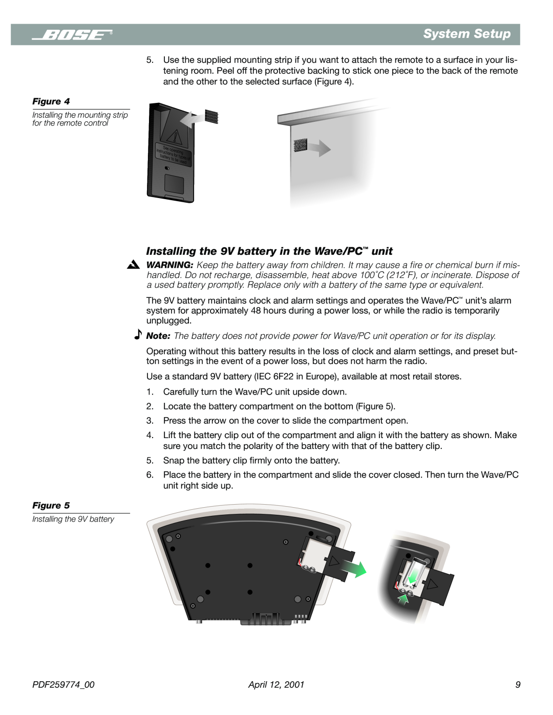Bose PDF259774_00 manual Installing the 9V battery in the Wave/PC unit, System Setup 
