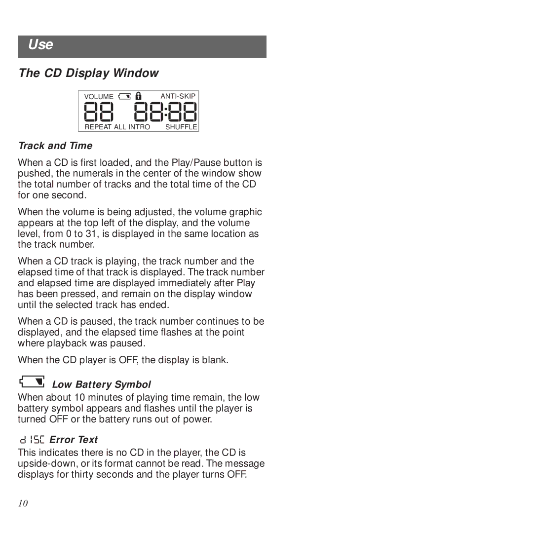 Bose PM-1 manual CD Display Window, Track and Time, Low Battery Symbol, Error Text 