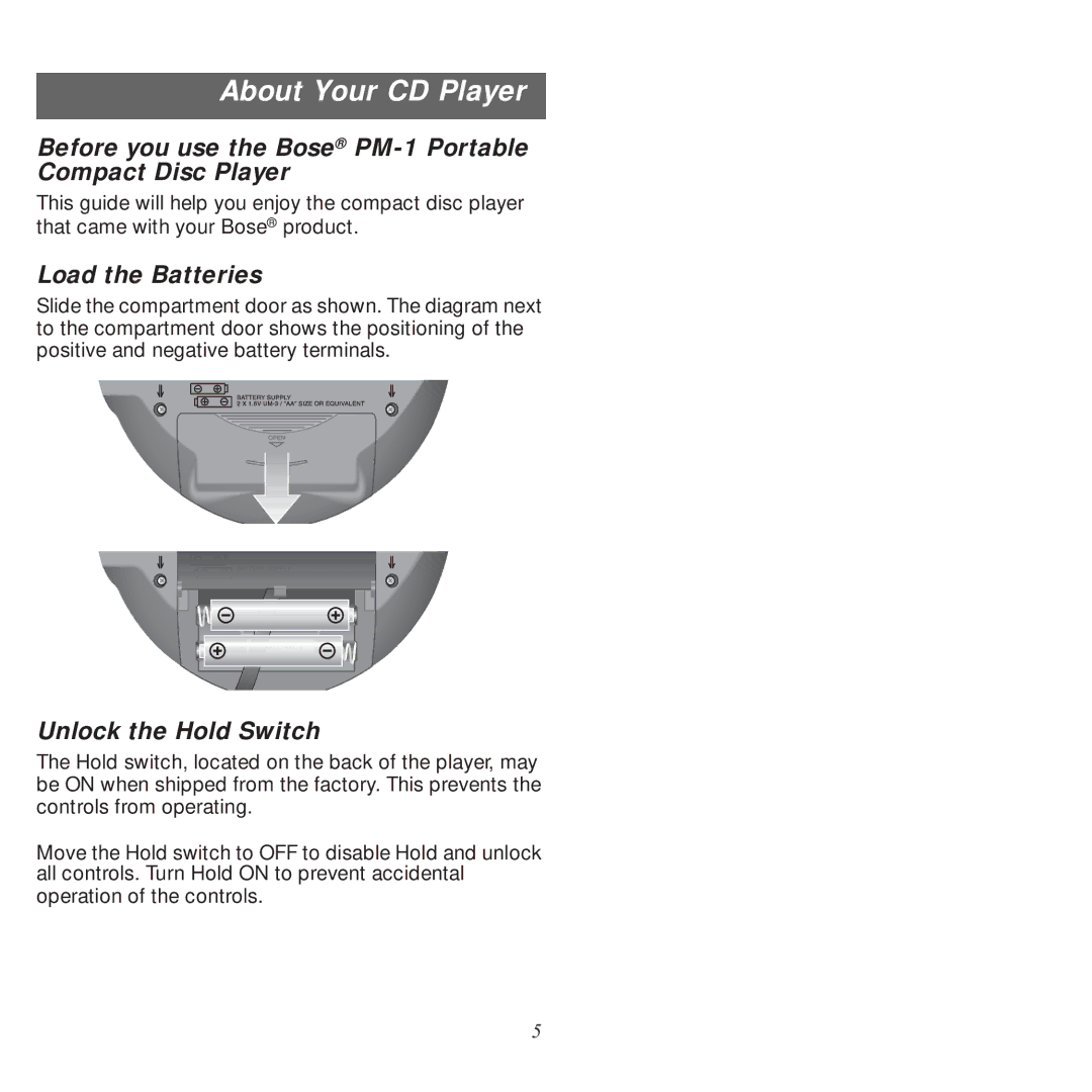 Bose manual Before you use the Bose PM-1 Portable Compact Disc Player, Load the Batteries, Unlock the Hold Switch 