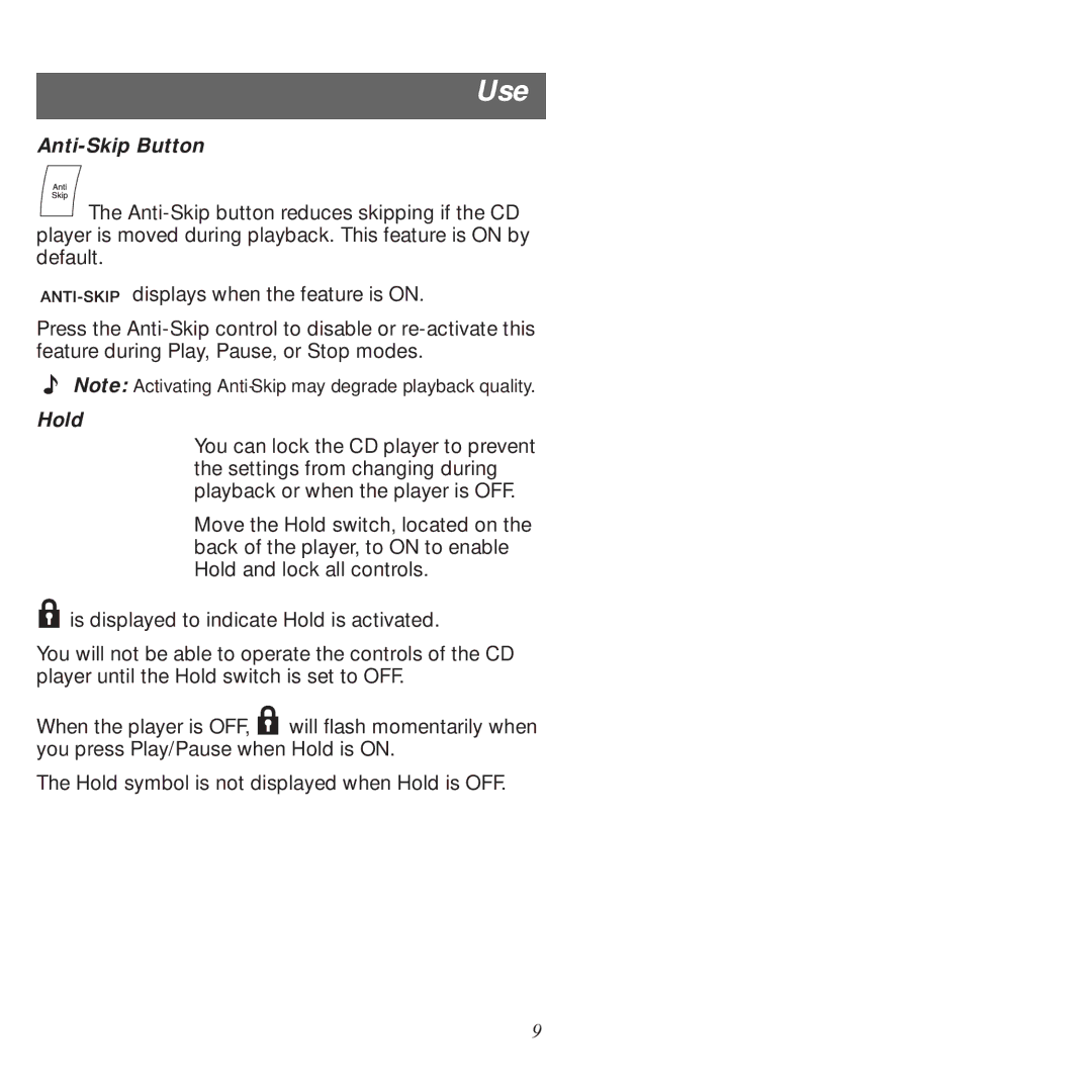 Bose PM-1 manual Anti-Skip Button, Hold 