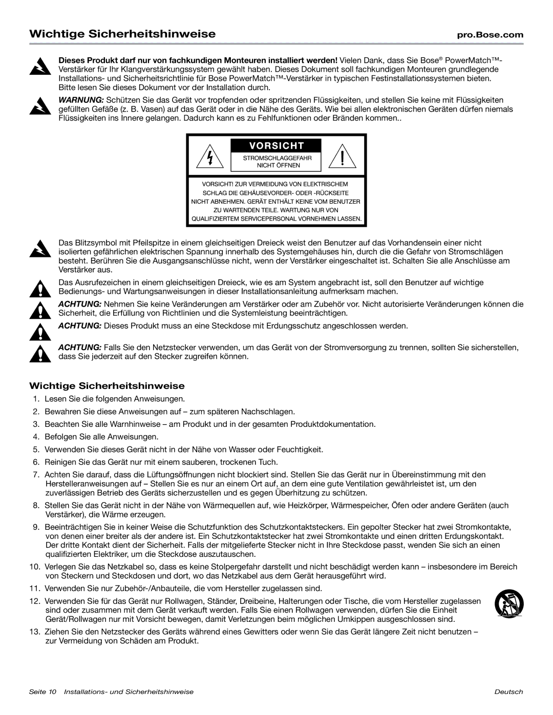 Bose PM8500N manual Wichtige Sicherheitshinweise 