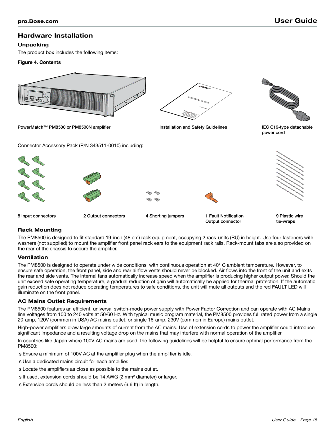 Bose PM8500N manual Hardware Installation, Unpacking, Rack Mounting, Ventilation, AC Mains Outlet Requirements 