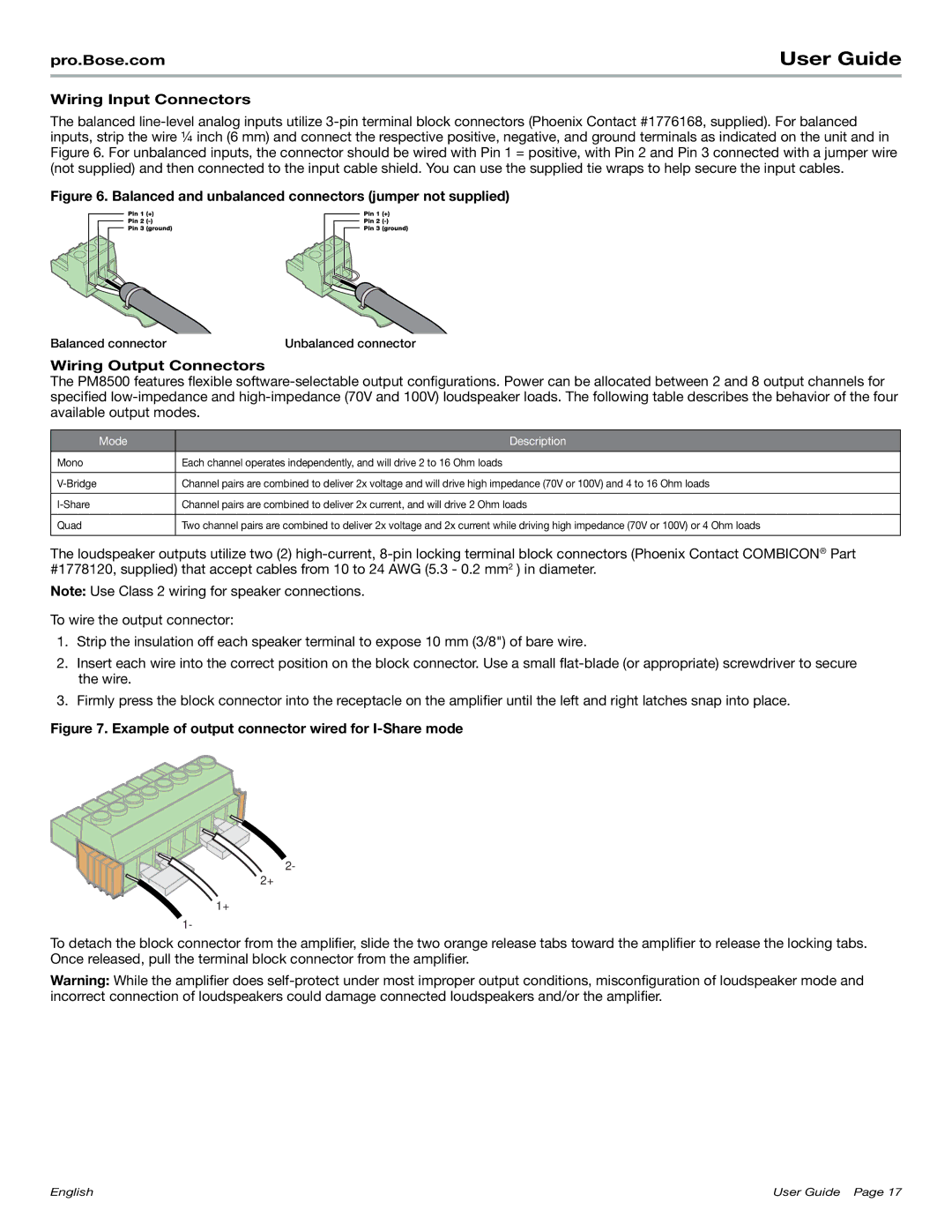 Bose PM8500N manual Wiring Input Connectors, Wiring Output Connectors, Mode Description 