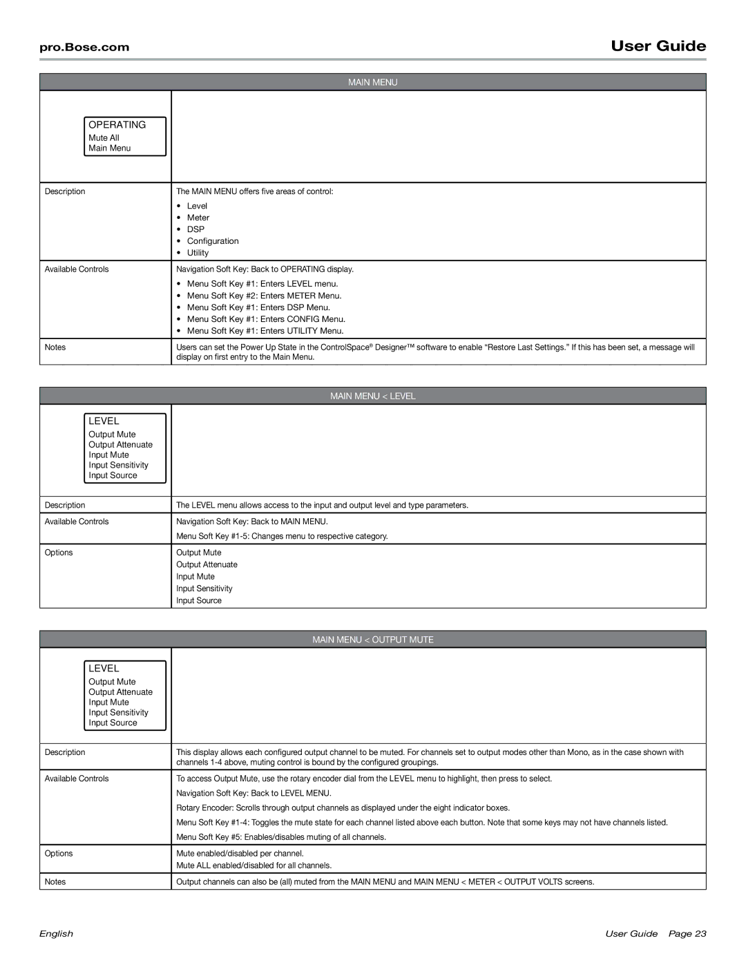 Bose PM8500 manual Configuration, Utility, Display on first entry to the Main Menu, Navigation Soft Key Back to Level Menu 