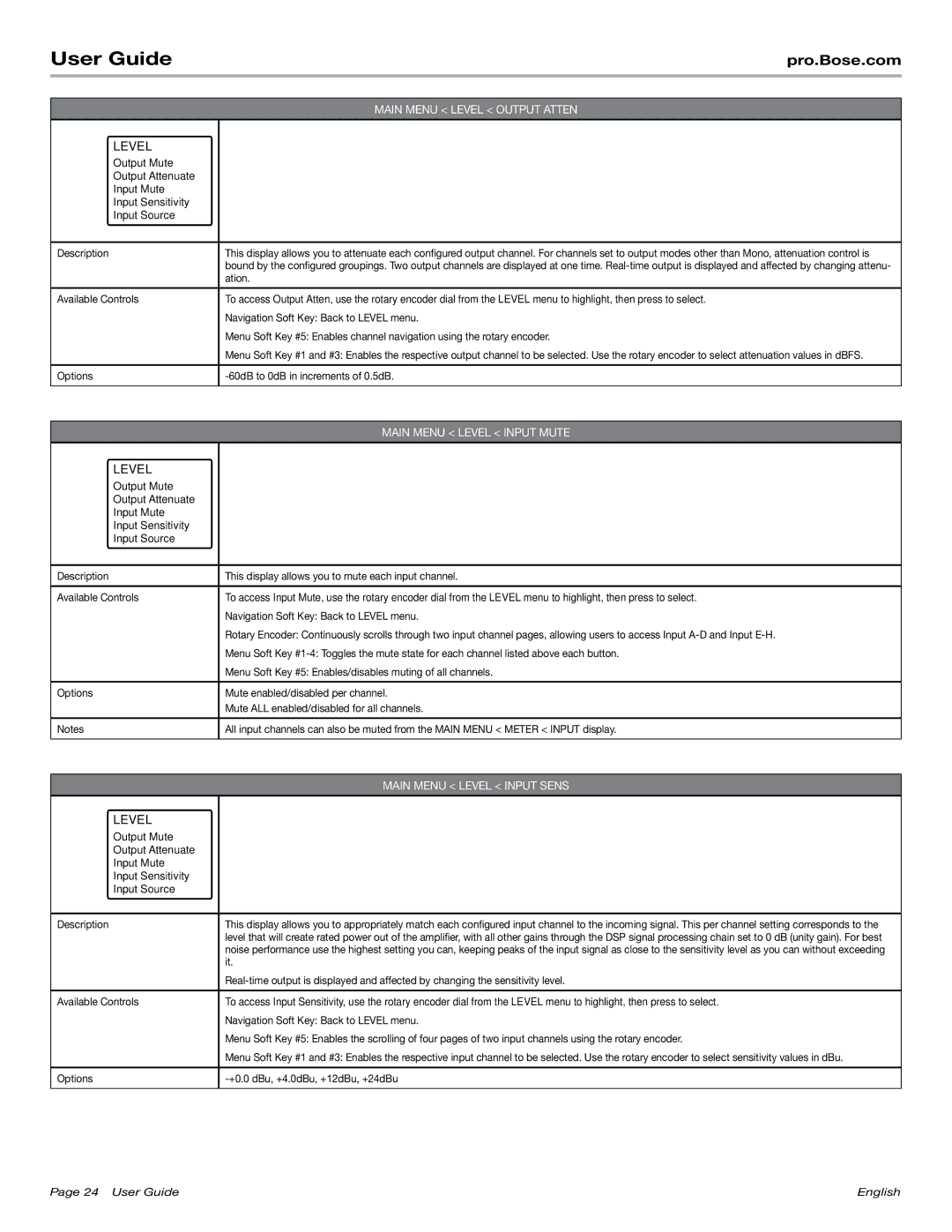 Bose PM8500N manual Ation, Options 60dB to 0dB in increments of 0.5dB, Options +0.0 dBu, +4.0dBu, +12dBu, +24dBu 