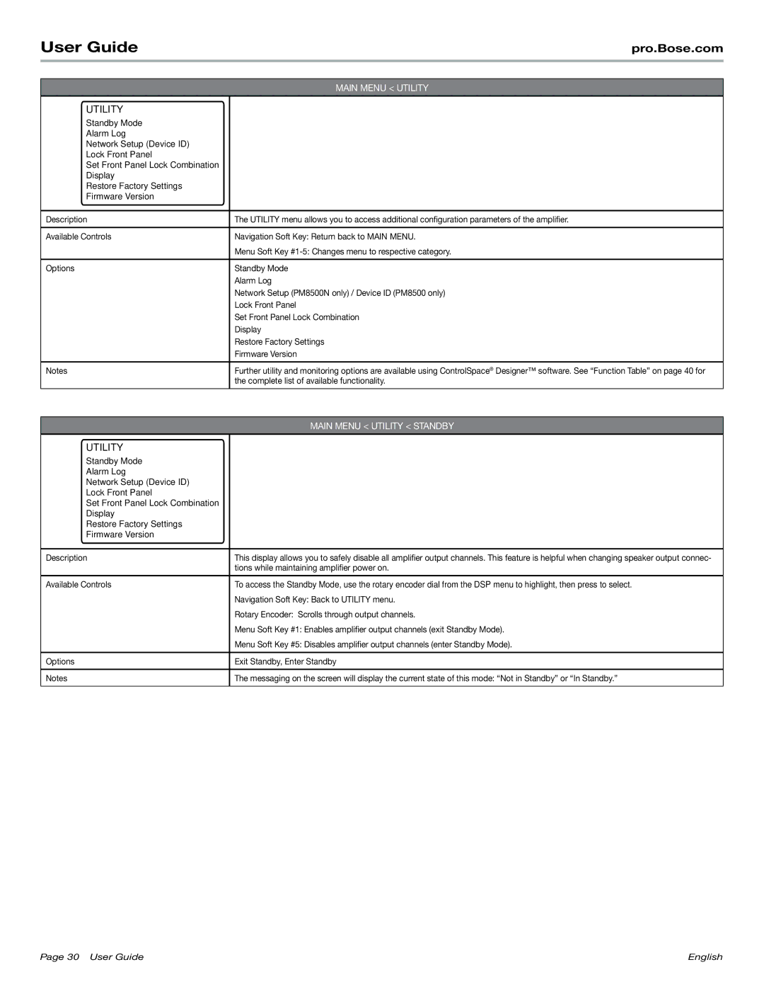 Bose PM8500N manual Main Menu Utility Standby, Tions while maintaining amplifier power on 