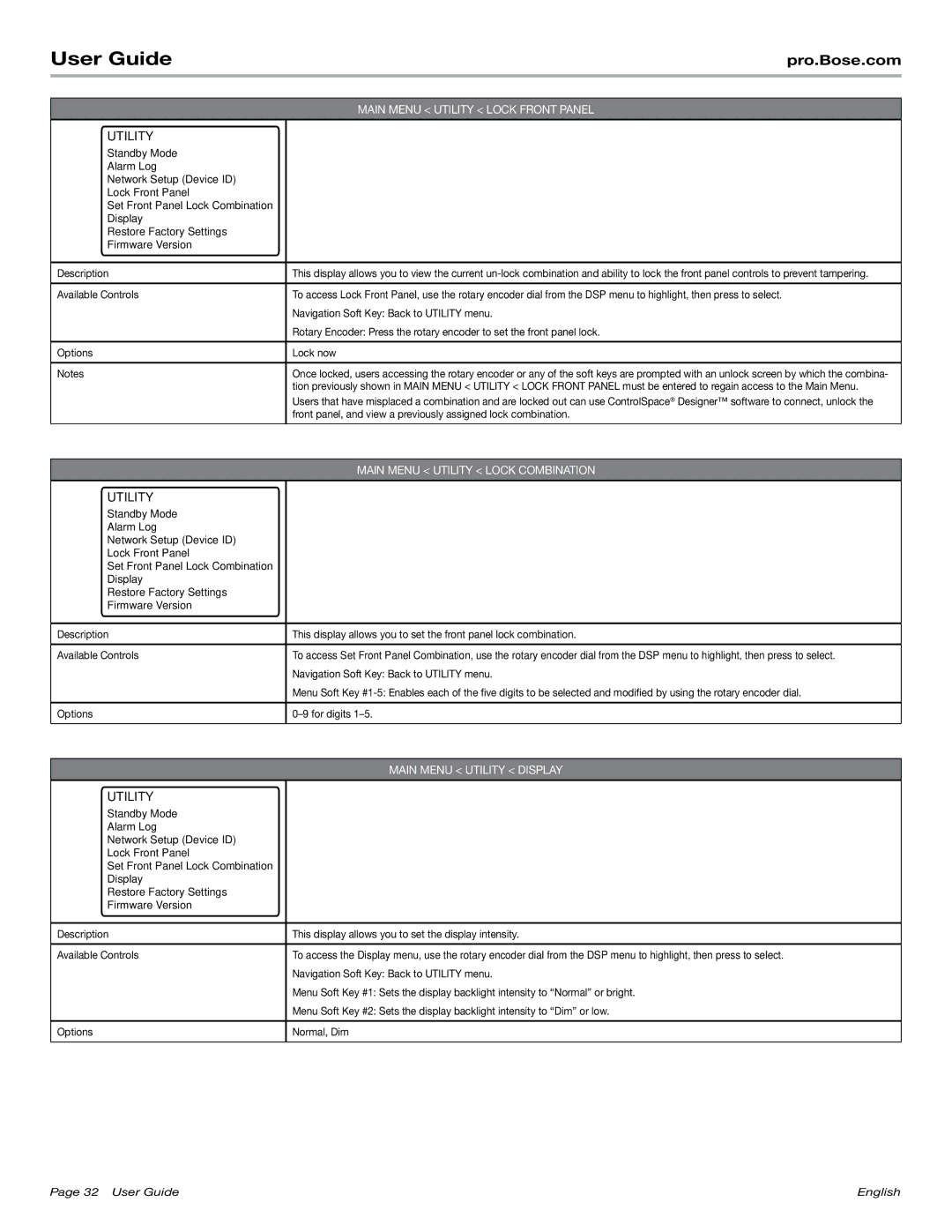 Bose PM8500N manual Main Menu Utility Lock Front Panel, Options Lock now, Options For digits, Options Normal, Dim 