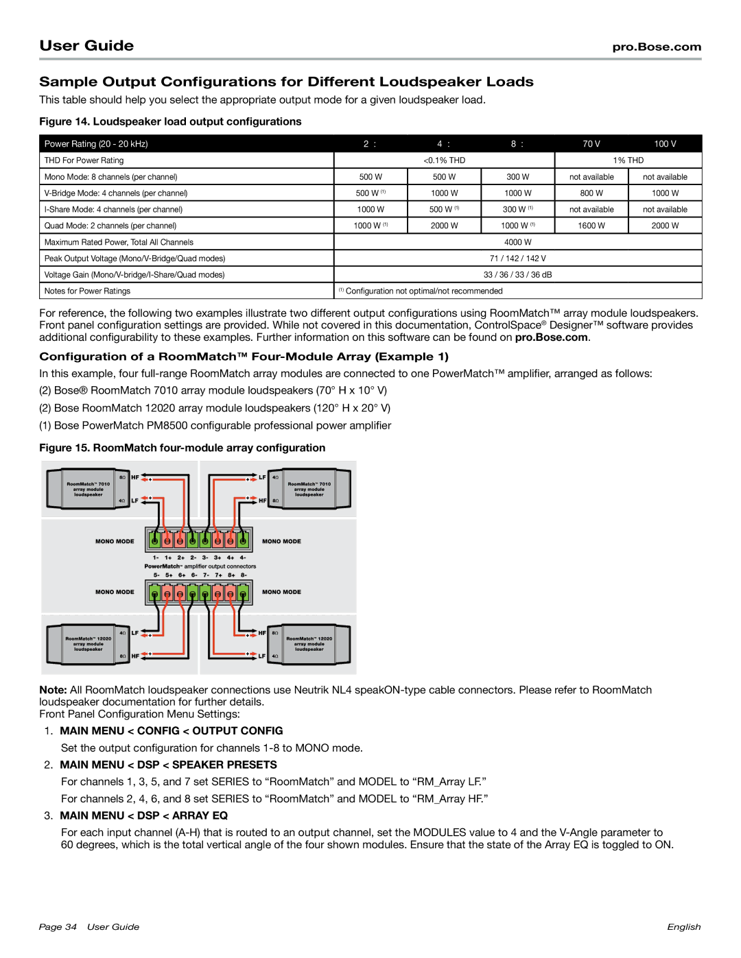 Bose PM8500N manual Configuration of a RoomMatch Four-Module Array Example, Main Menu Config Output Config 