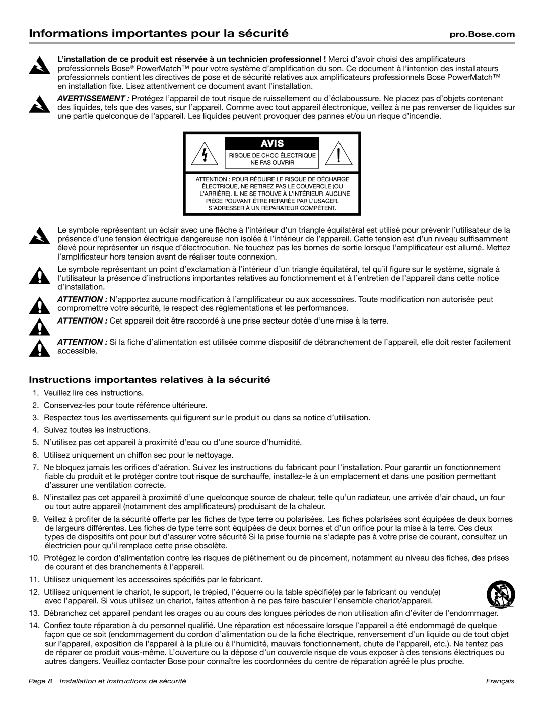 Bose PM8500N manual Informations importantes pour la sécurité, Instructions importantes relatives à la sécurité 