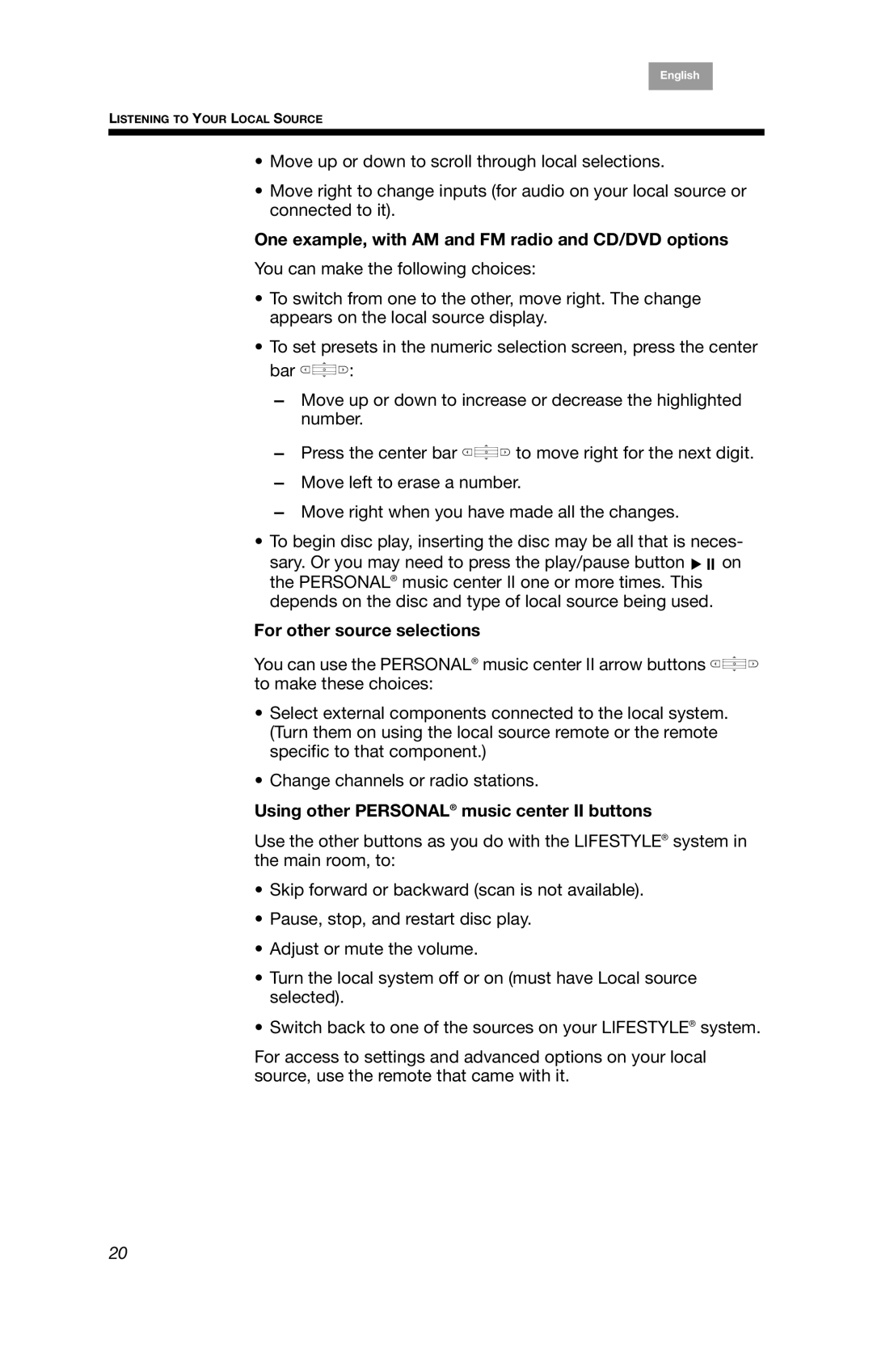 Bose PMC II, BOSEPMC2 manual One example, with AM and FM radio and CD/DVD options, For other source selections 