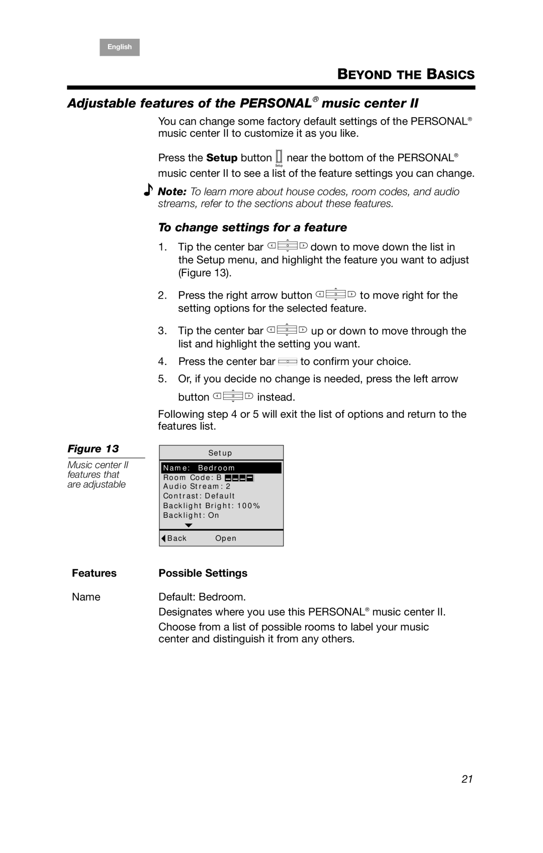 Bose BOSEPMC2, PMC II manual Adjustable features of the Personal music center, To change settings for a feature, Features 