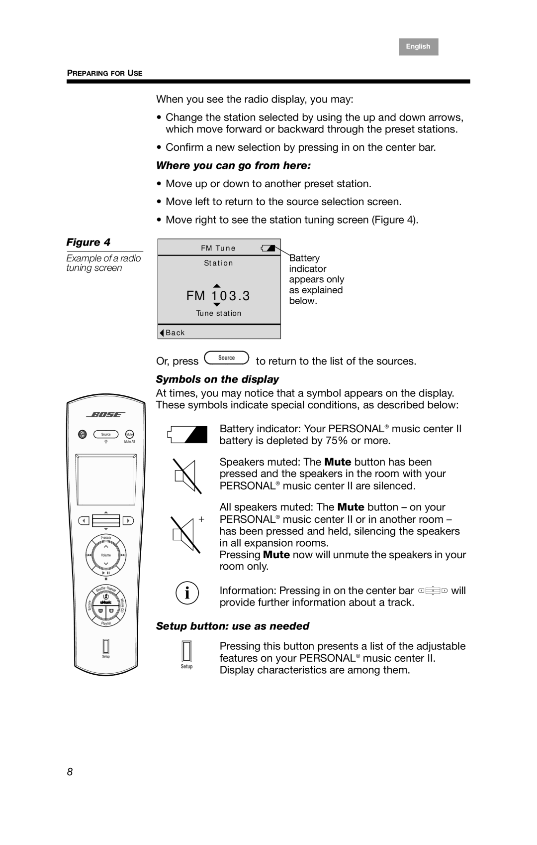 Bose PMC II, BOSEPMC2 manual Where you can go from here, Symbols on the display, Setup button use as needed 