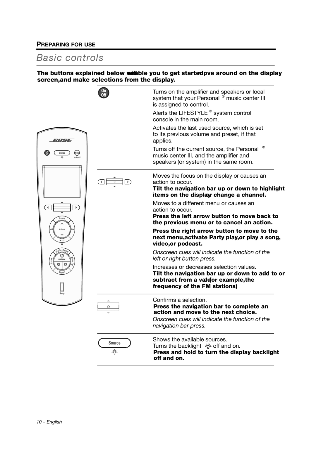 Bose PMCIII, Personal Music Center III manual Basic controls 