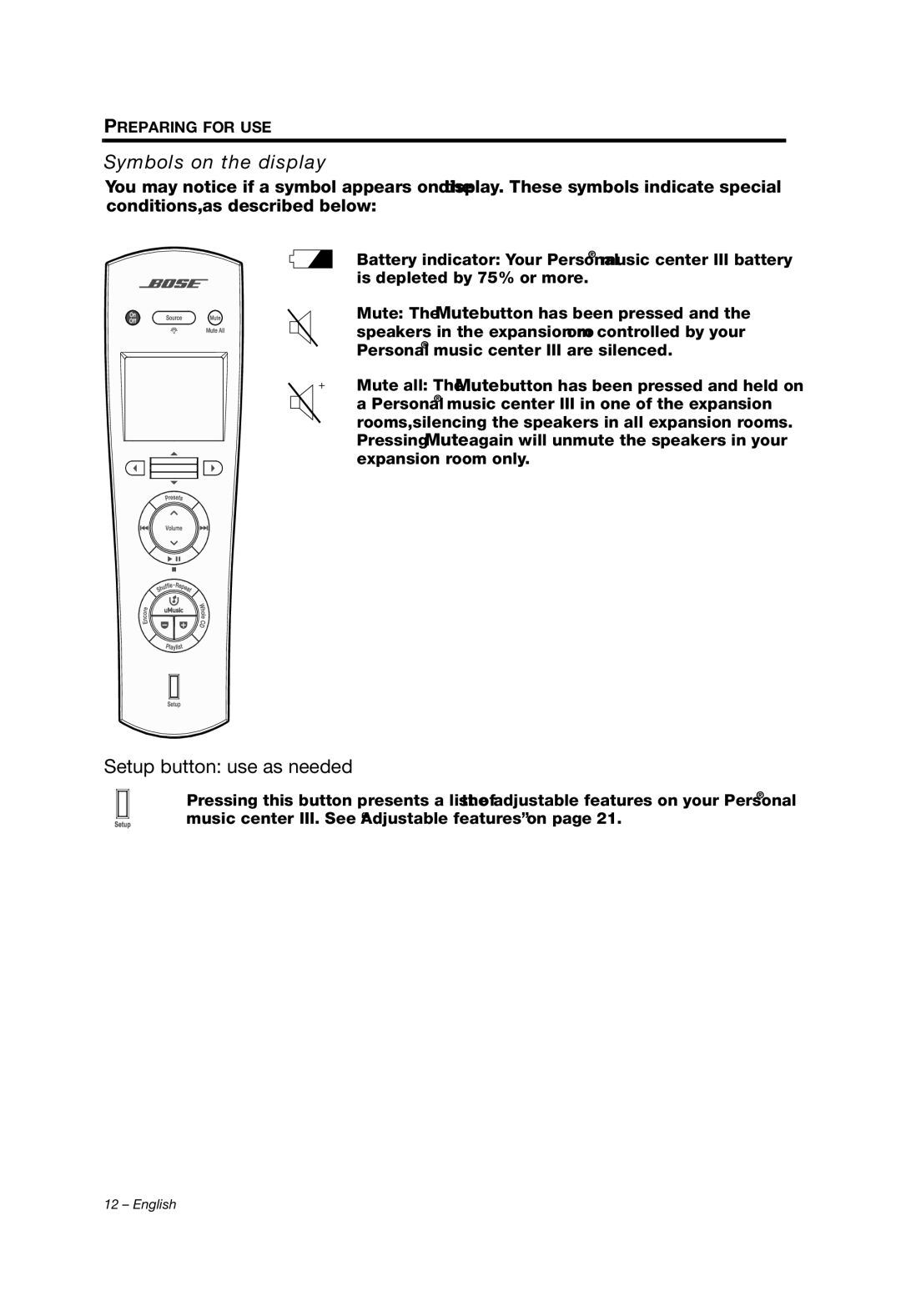 Bose PMCIII, Personal Music Center III manual Symbols on the display, Setup button use as needed 