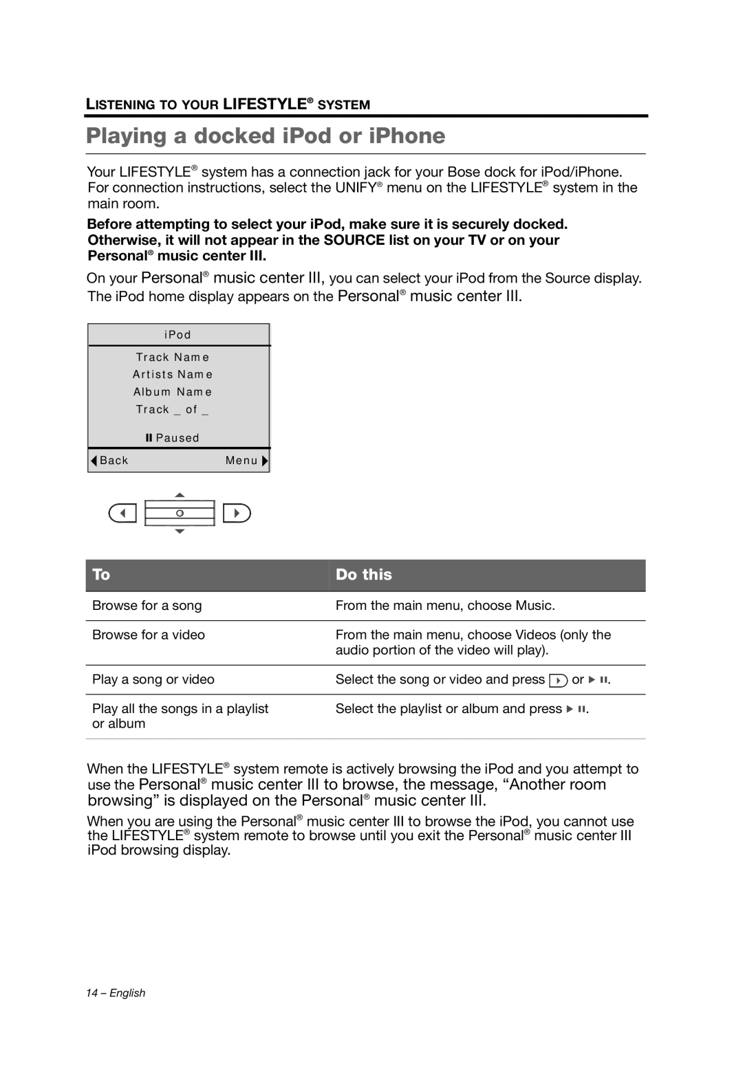 Bose PMCIII, Personal Music Center III manual Playing a docked iPod or iPhone, Do this 