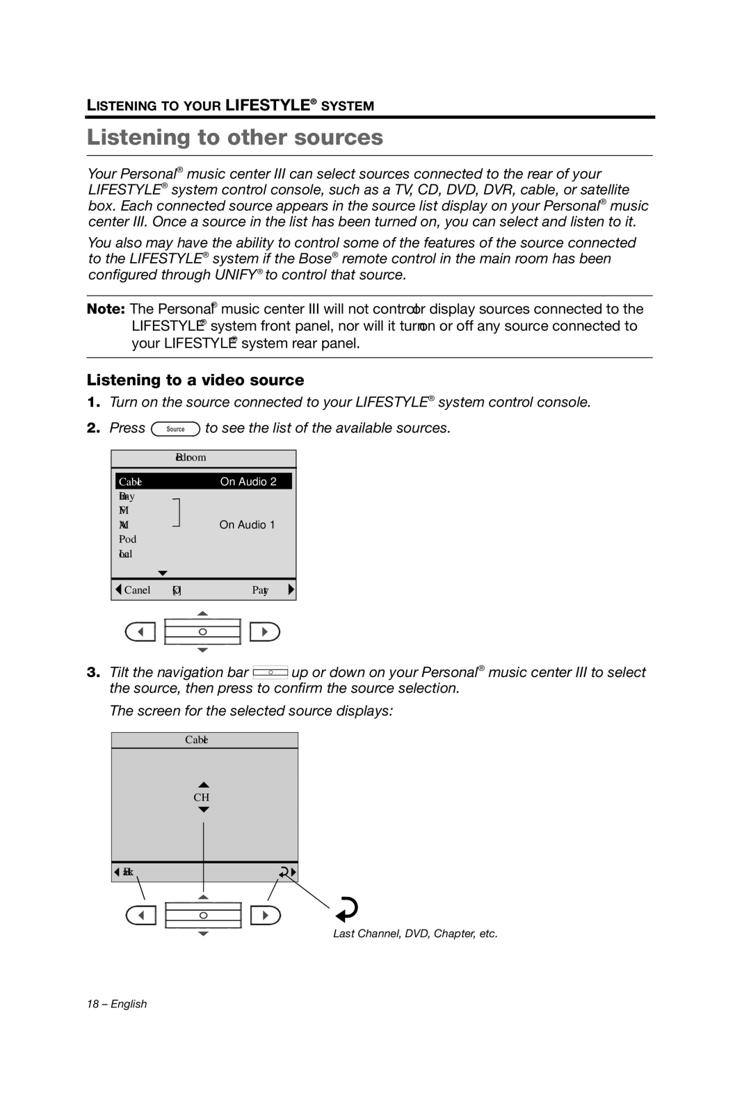 Bose PMCIII, Personal Music Center III manual Listening to other sources, Listening to a video source 