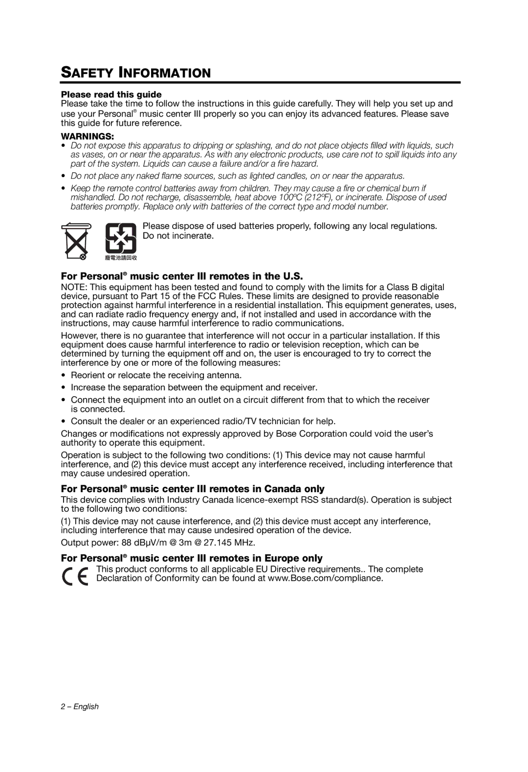 Bose PMCIII, Personal Music Center III manual Safety Information 