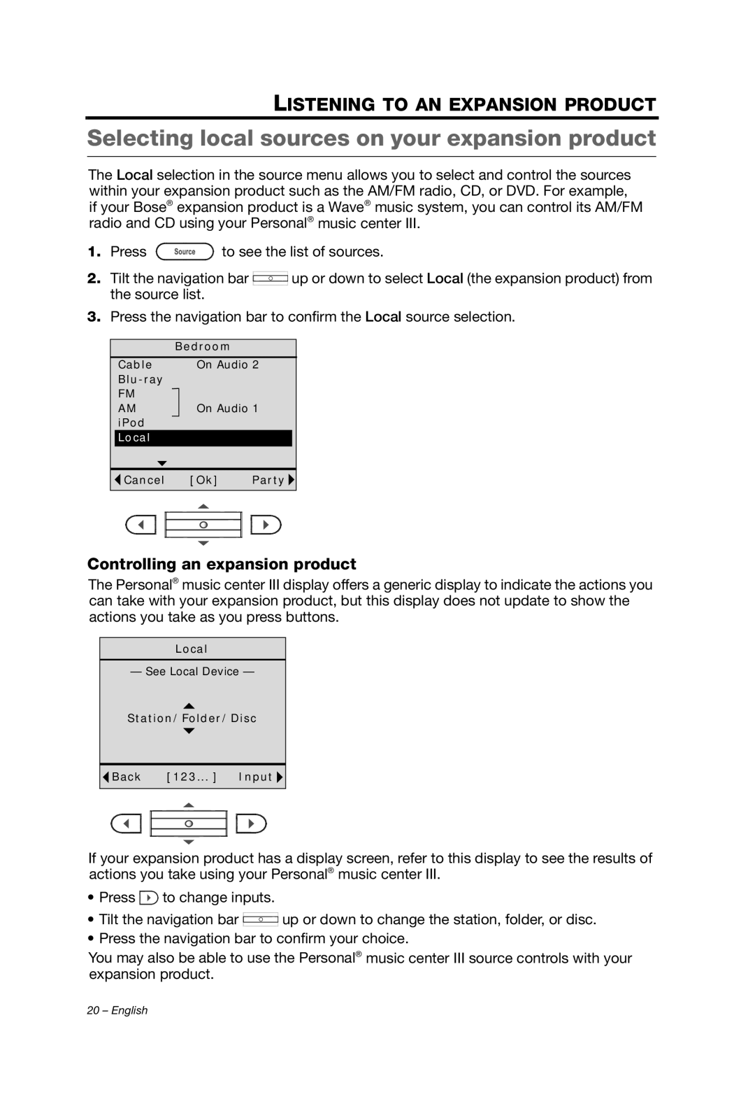 Bose PMCIII, Personal Music Center III Selecting local sources on your expansion product, Controlling an expansion product 